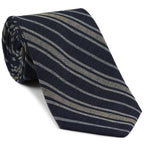 {[en]:Off-White & White on Midnight Blue Striped Linen/Cotton Silk Tie