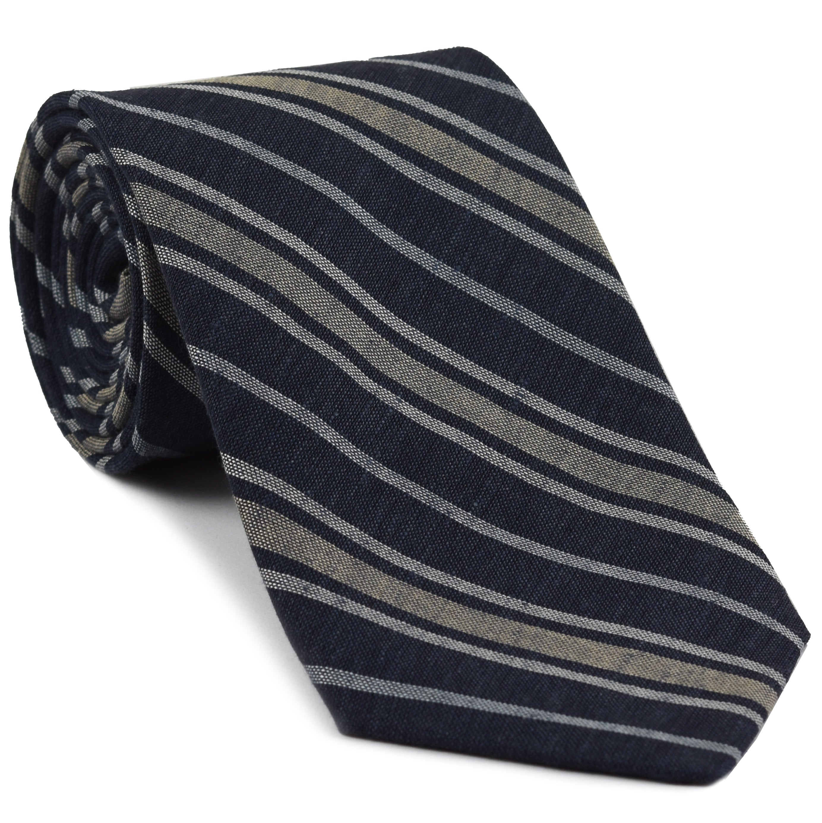 {[en]:Off-White & White on Midnight Blue Striped Linen/Cotton Silk Tie
