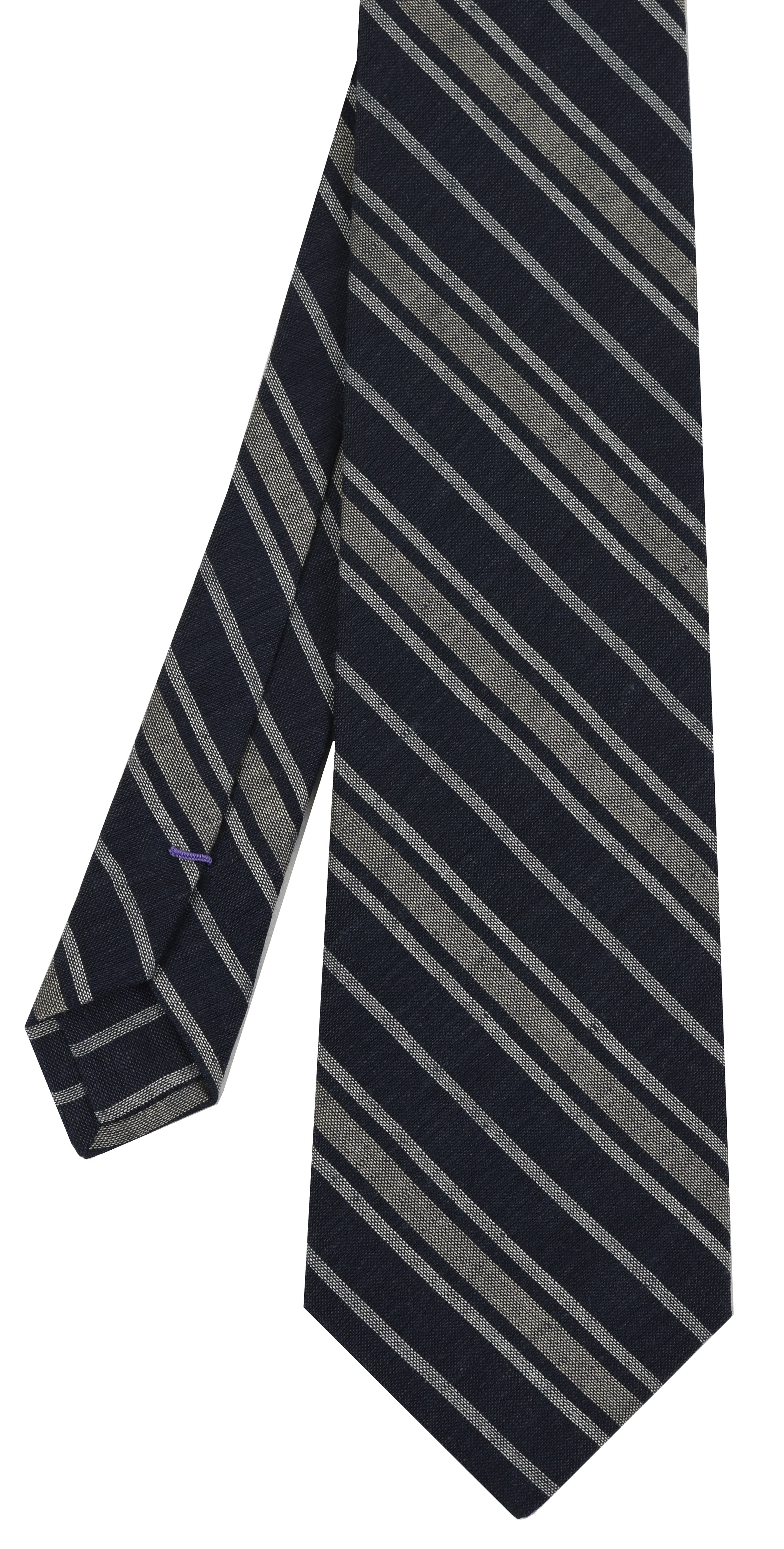 {[en]:Off-White & White on Midnight Blue Striped Linen/Cotton Silk Tie