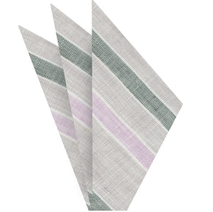 {[en]:Light Gray, Forest Green, Lavender & White Linen Striped Pocket Square