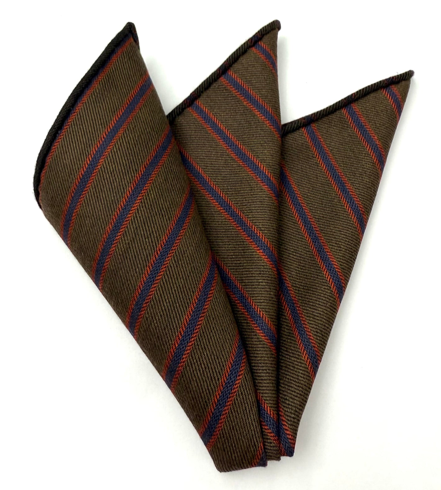 ダークチョコレートカシミヤのポケットスクエア、ネイビーブルー＆バーントオレンジのストライプ #GSCP-2