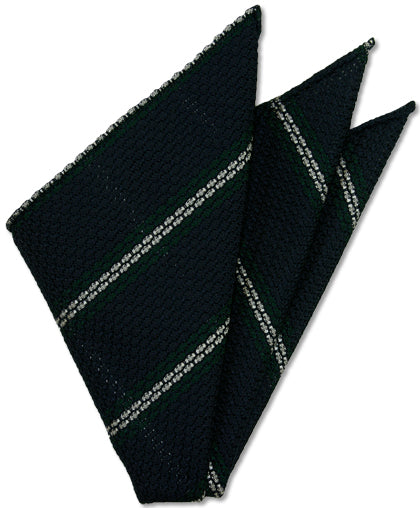 {[en]:Forest Green & White Stripes On Midnight Blue Grenadine Grossa Silk Pocket Square