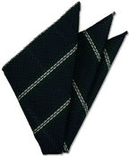 {[en]:Forest Green & White Stripes On Midnight Blue Grenadine Grossa Silk Pocket Square