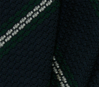 {[en]:Forest Green & White Stripes On Midnight Blue Grenadine Grossa Silk Pocket Square