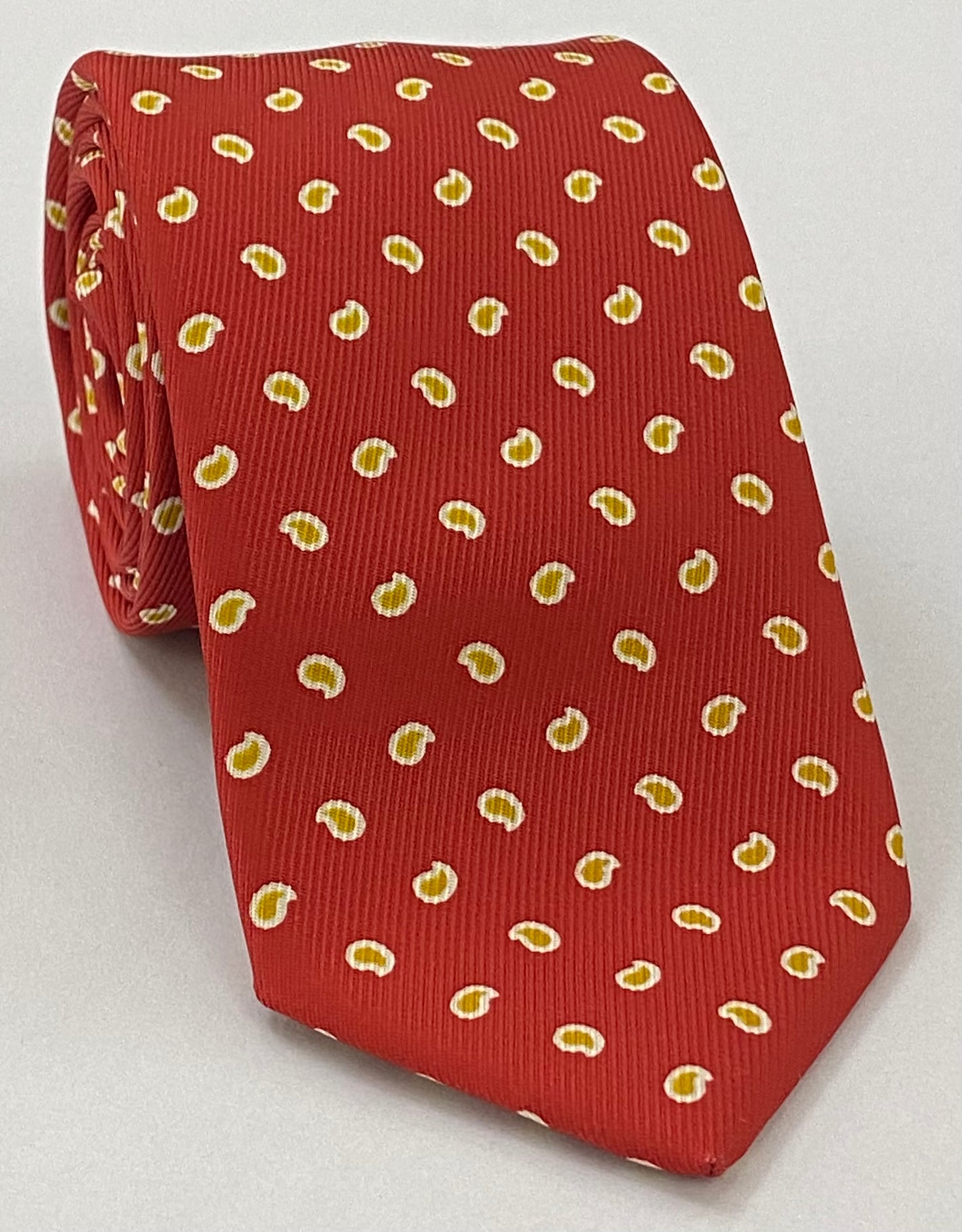 Yellow Gold & White on Dark Red Print Pattern Silk Tie MCT-627