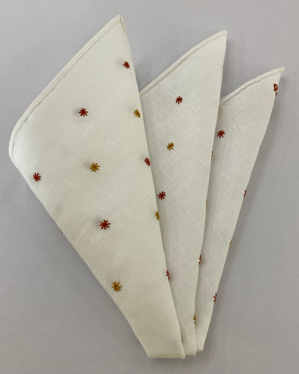 Belgian White Linen With Gold & Burnt Orange Embroidered Stars Pocket Square LLEP-26 & 29