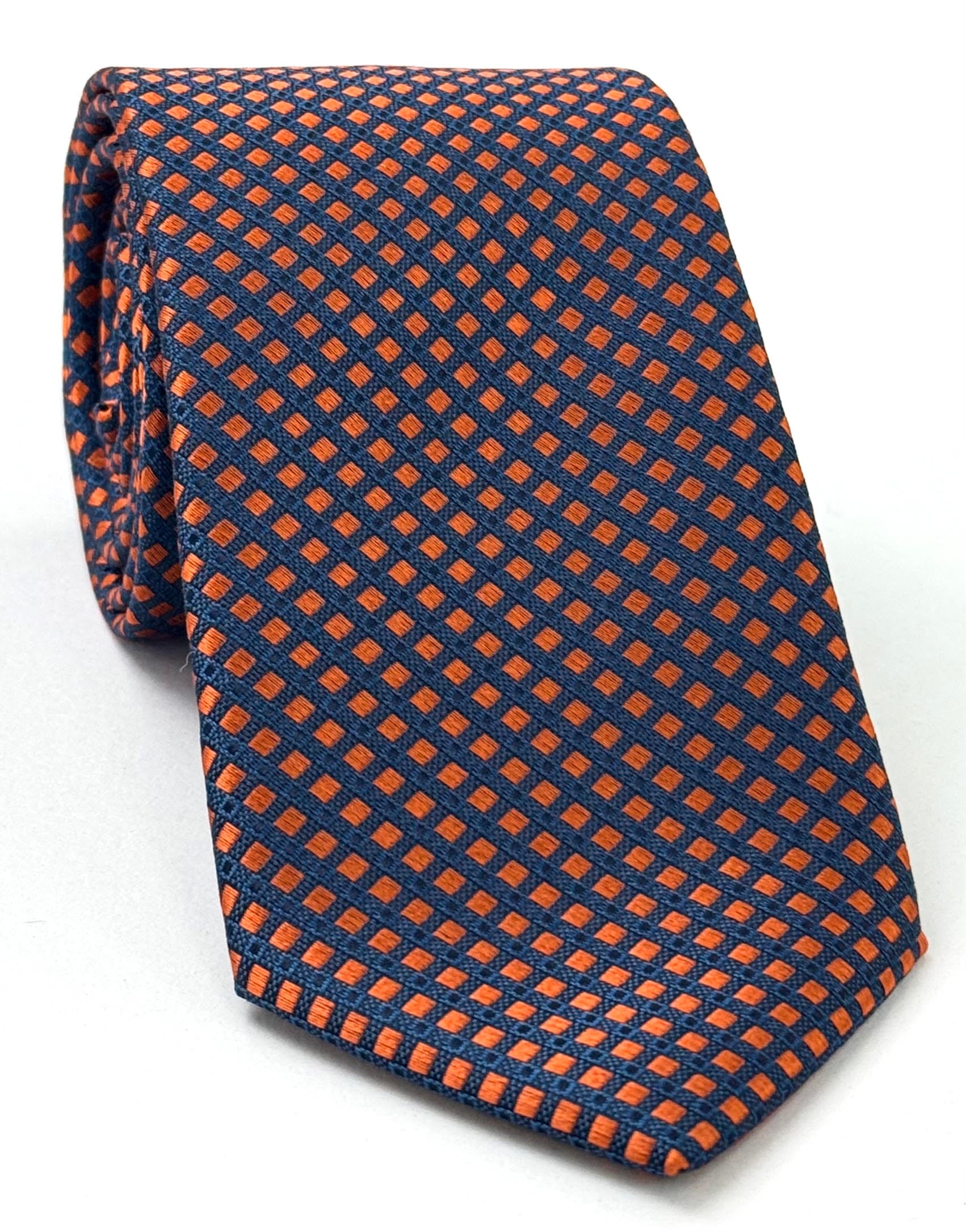 Burnt Orange & Midnight Blue on Navy Blue Pattern Silk Tie IPT-5