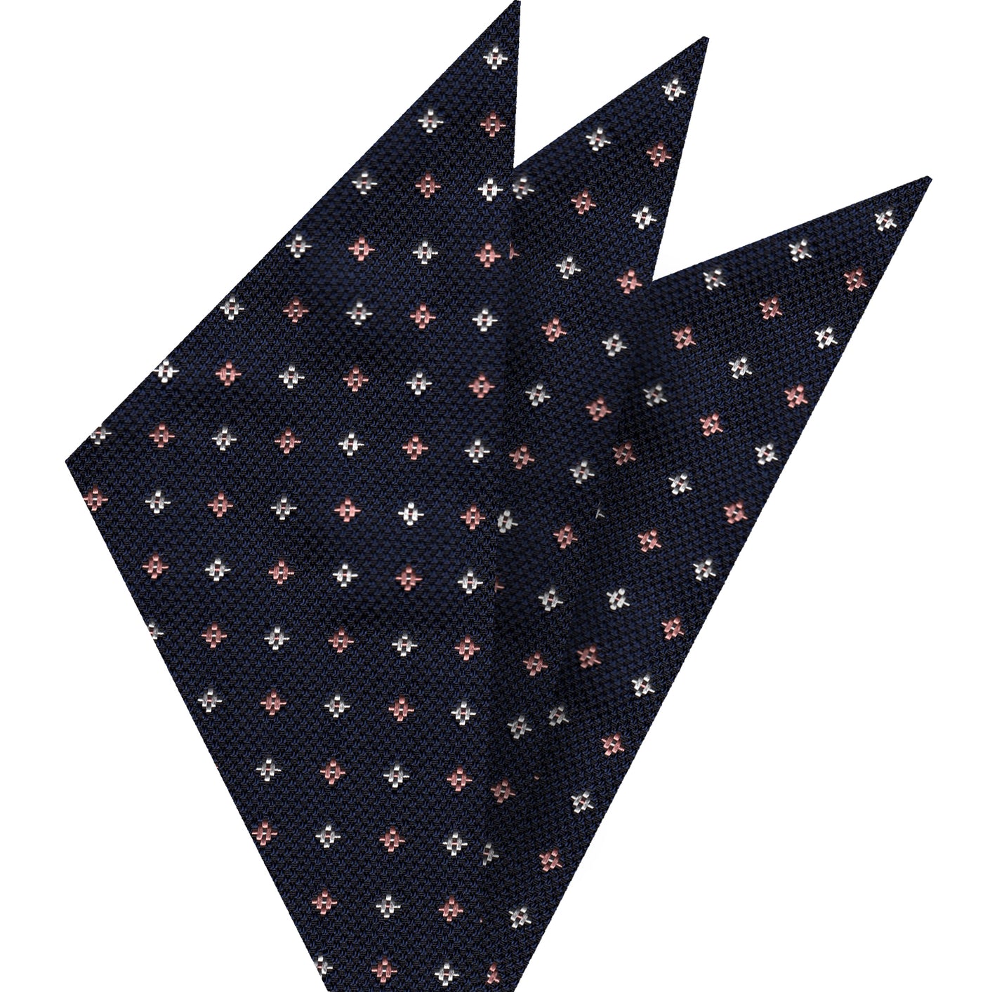 {[en]:Salmon & White on Dark Navy Blue Mogador Pattern Silk Pocket Square