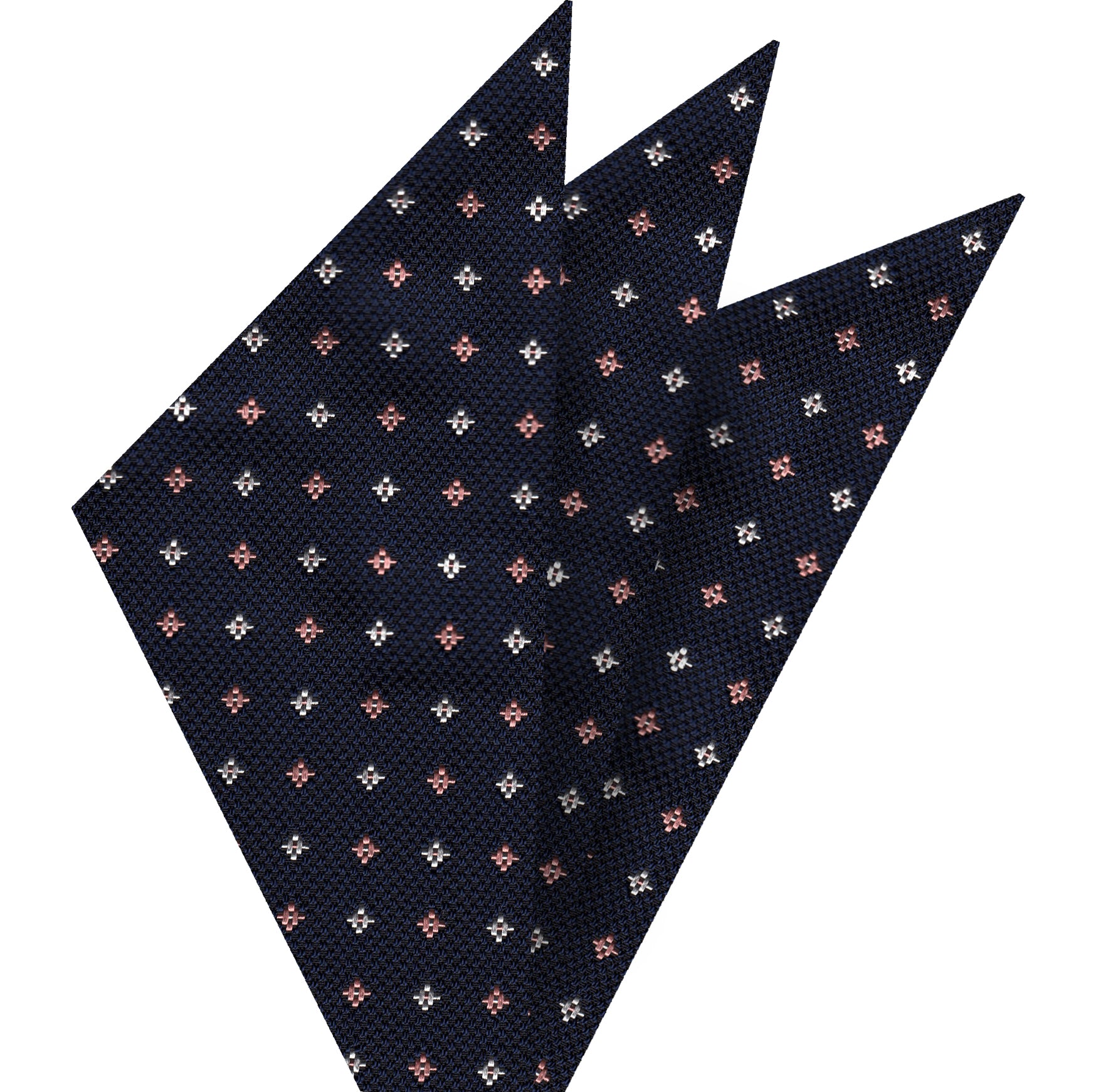 {[en]:Salmon & White on Dark Navy Blue Mogador Pattern Silk Pocket Square