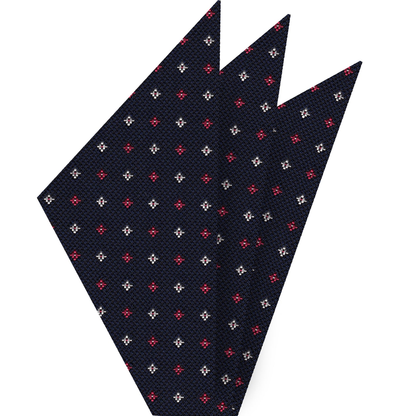 {[en]:Light Red & White on Dark Navy Blue Mogador Pattern Silk Pocket Square