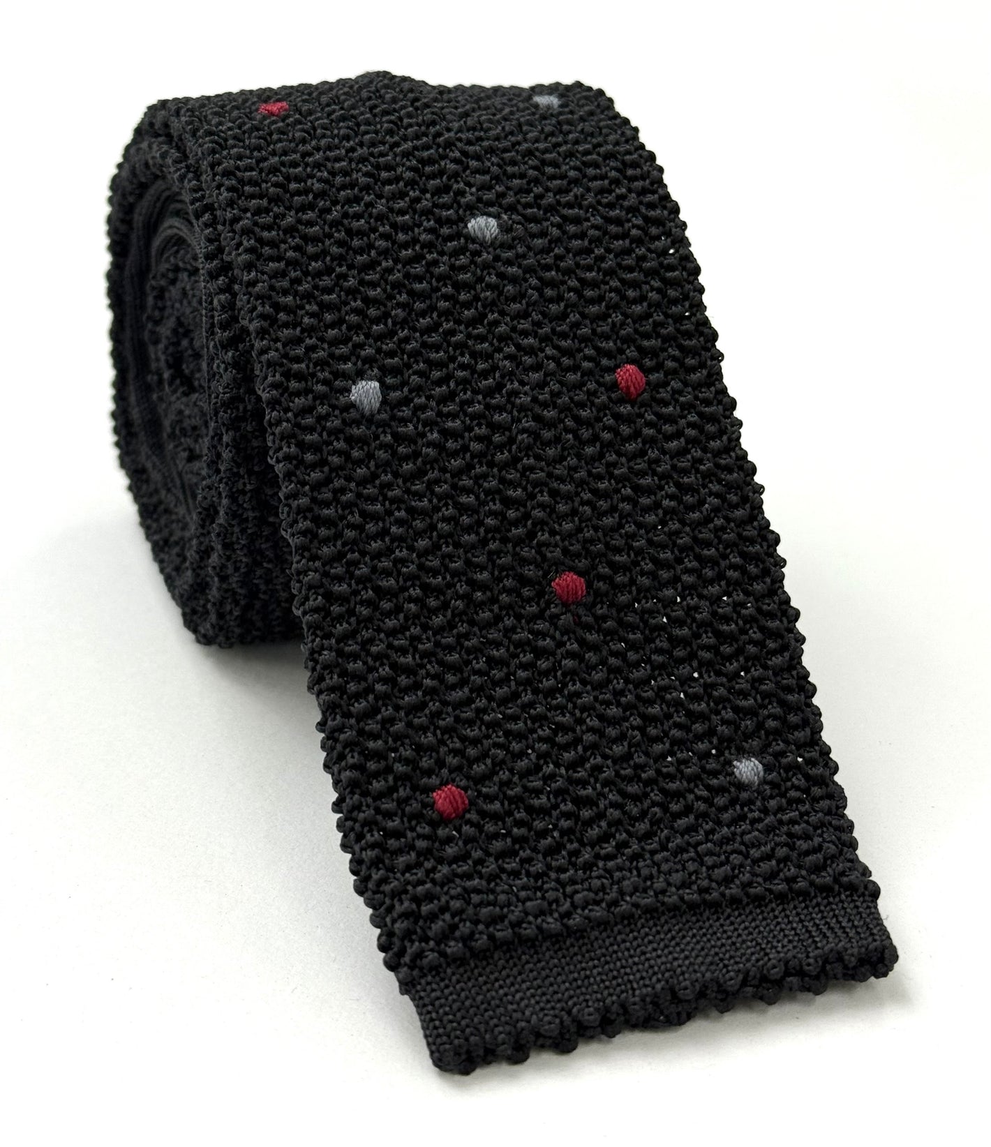 Black Silk Knit Tie With  Burgundy and Charcoal Gray Dots  KDT-1 (10, 36)