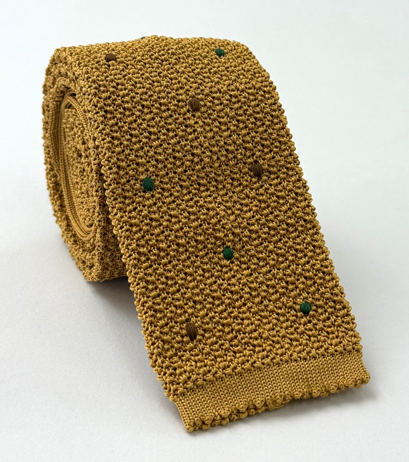 Gold Silk Knit Tie With Forest Green and Dark Chocolate Dots KDT-13 (22,32)