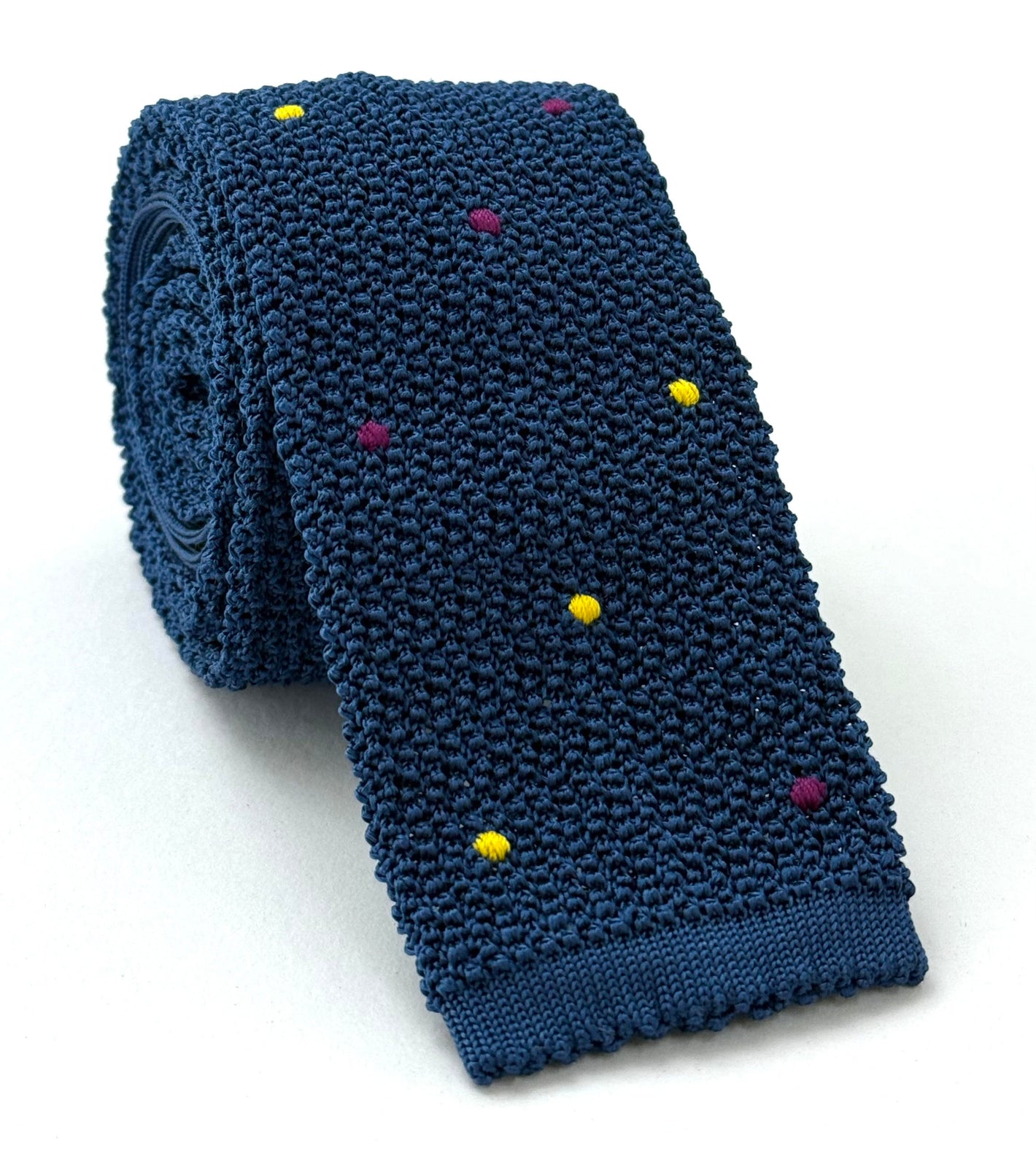 Black Silk Knit Tie With  Yellow and Reddish Purple Dots  KDT-3 (18,25)