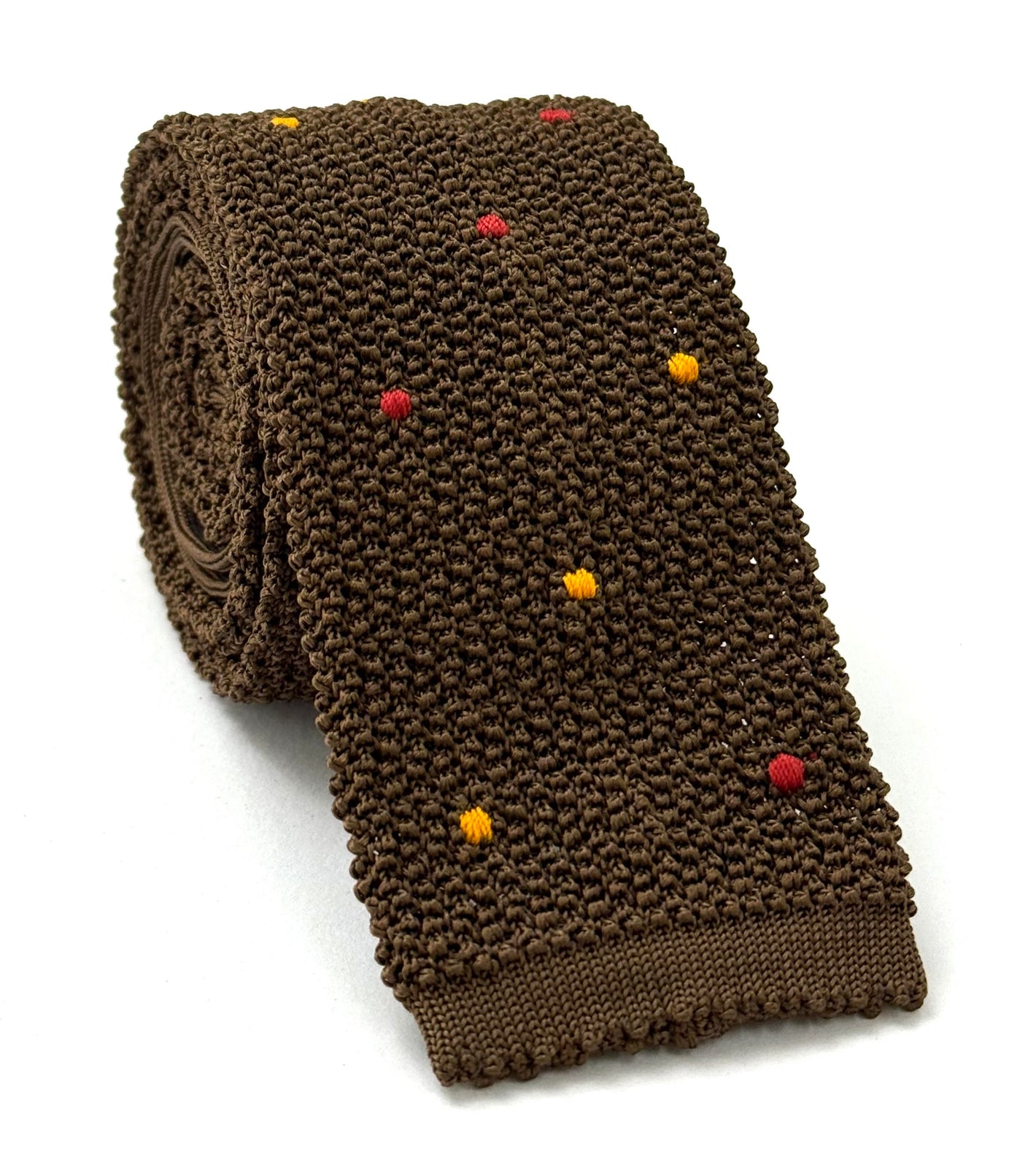 Camel Silk Knit Tie With Bright Red and Mandarin Dots  KDT-8 (7,28)