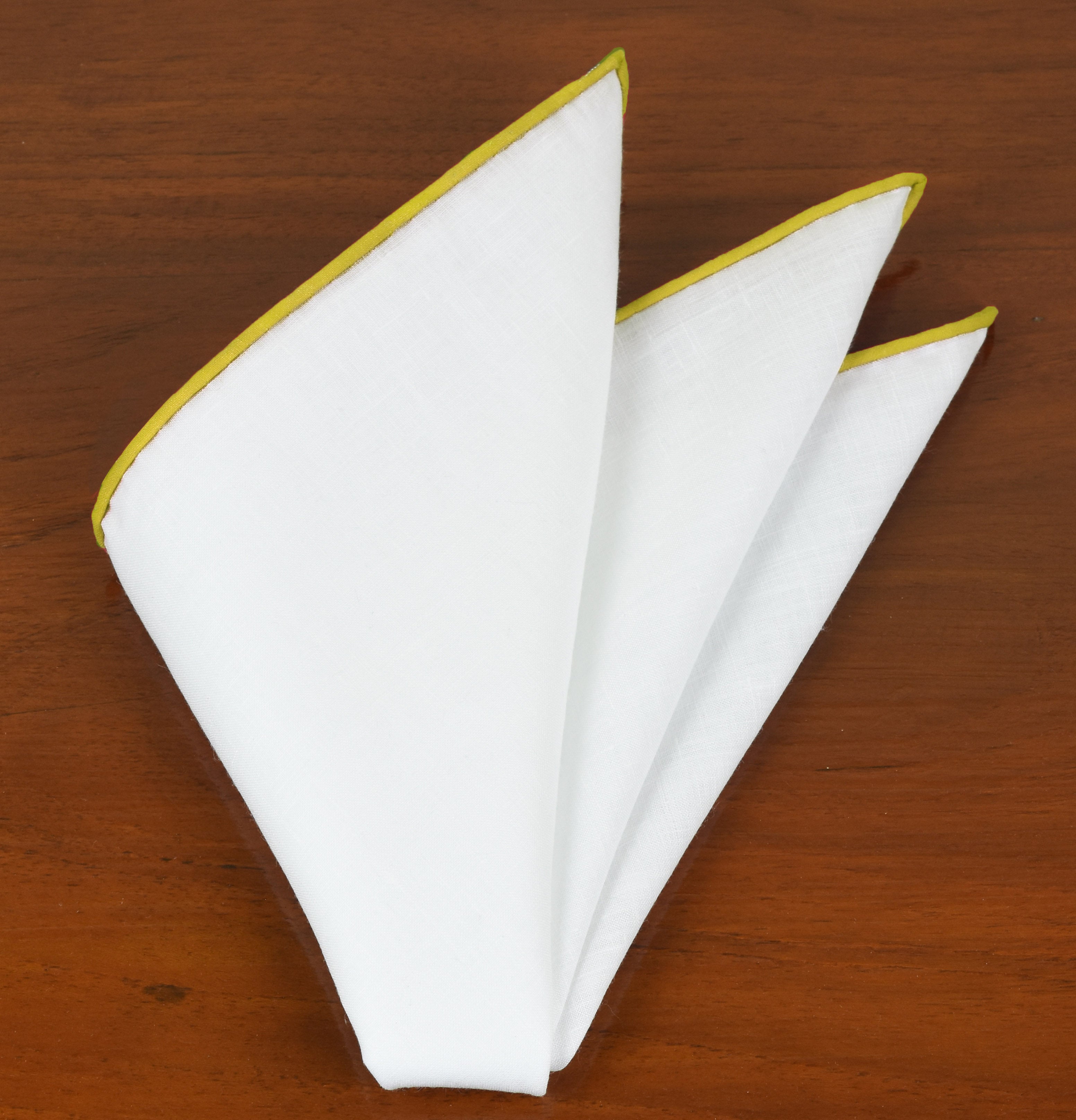 {[en]:White Linen With Yellow Contrast Edges Pocket Square