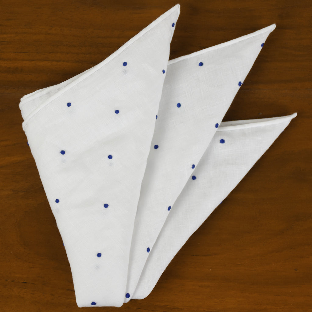 {[en]:Belgian Linen With Blue (Hand Sewn) Pin Dots Pocket Square