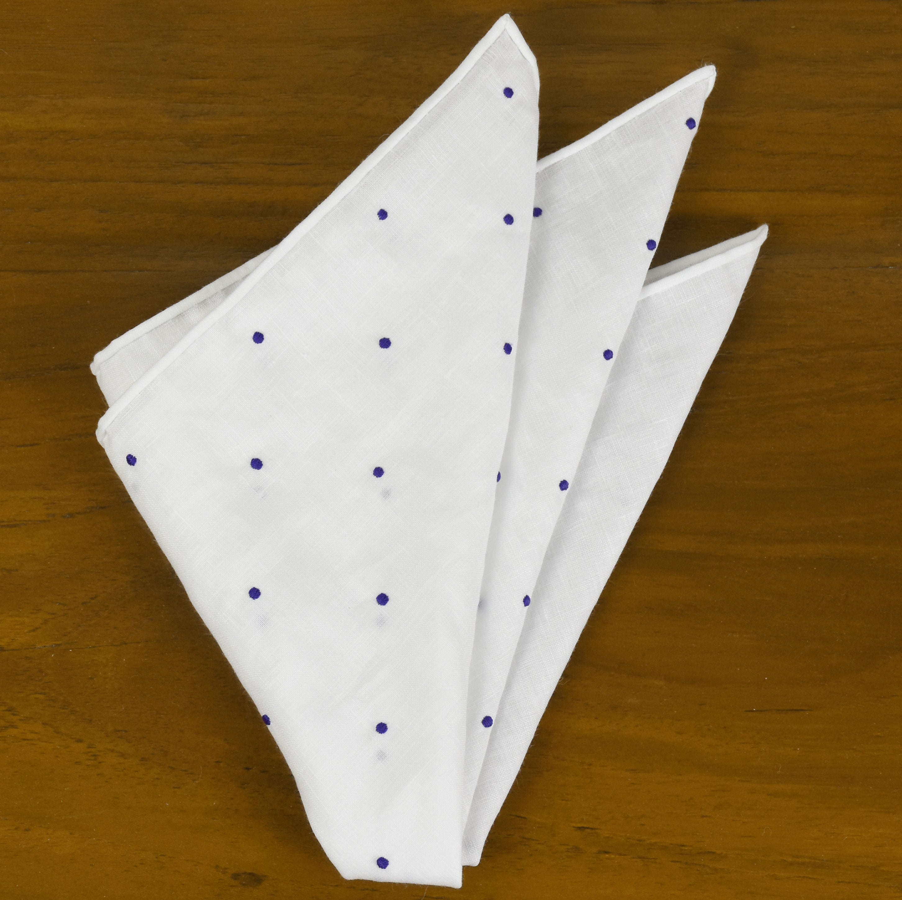 ダークブルーのベルギーリネン（手縫い）ピンドット ポケットスクエア #LLDPS-6