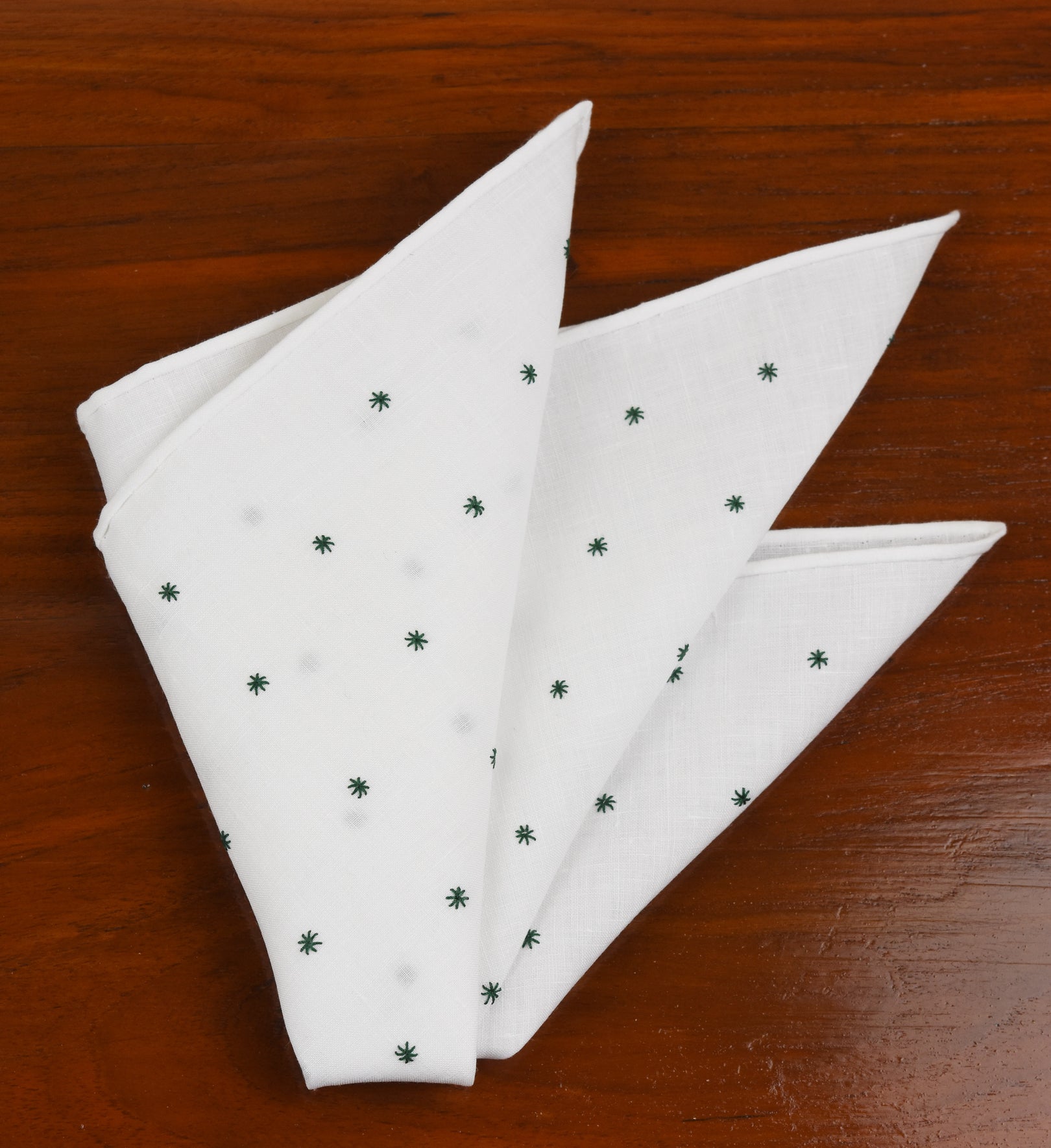 {[en]:Belgian White Linen With Forest Green Embroidered Stars Pocket Square