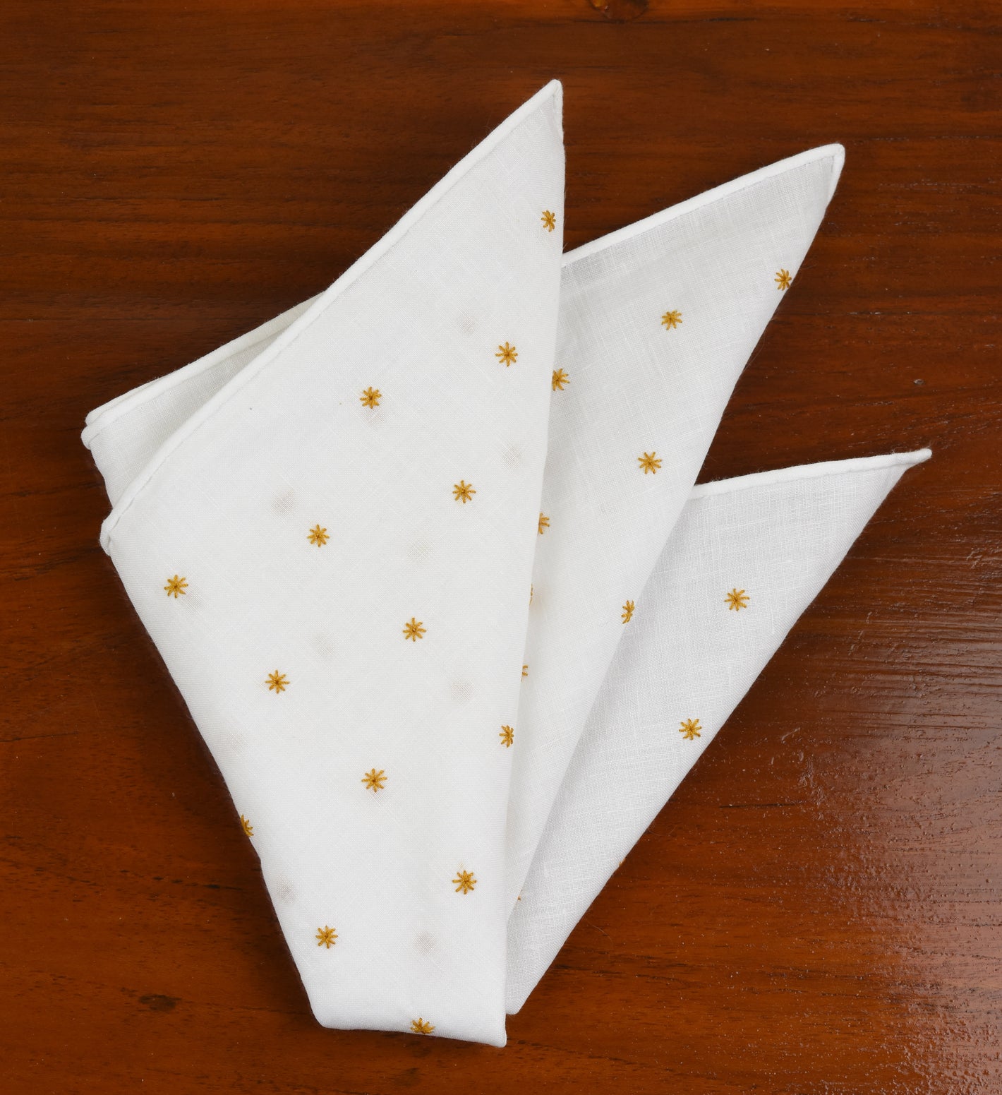 {[en]:Belgian White Linen With Gold Embroidered Stars Pocket Square