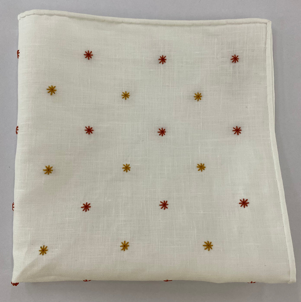 Belgian White Linen With Gold & Burnt Orange Embroidered Stars Pocket Square LLEP-26 & 29