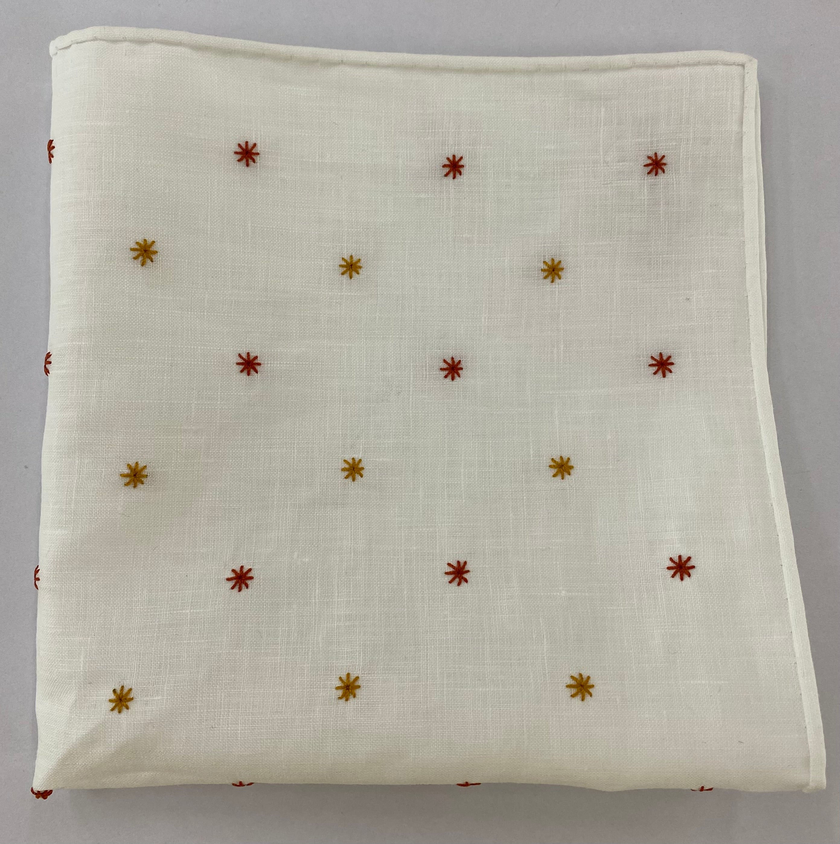 Belgian White Linen With Gold & Burnt Orange Embroidered Stars Pocket Square LLEP-26 & 29