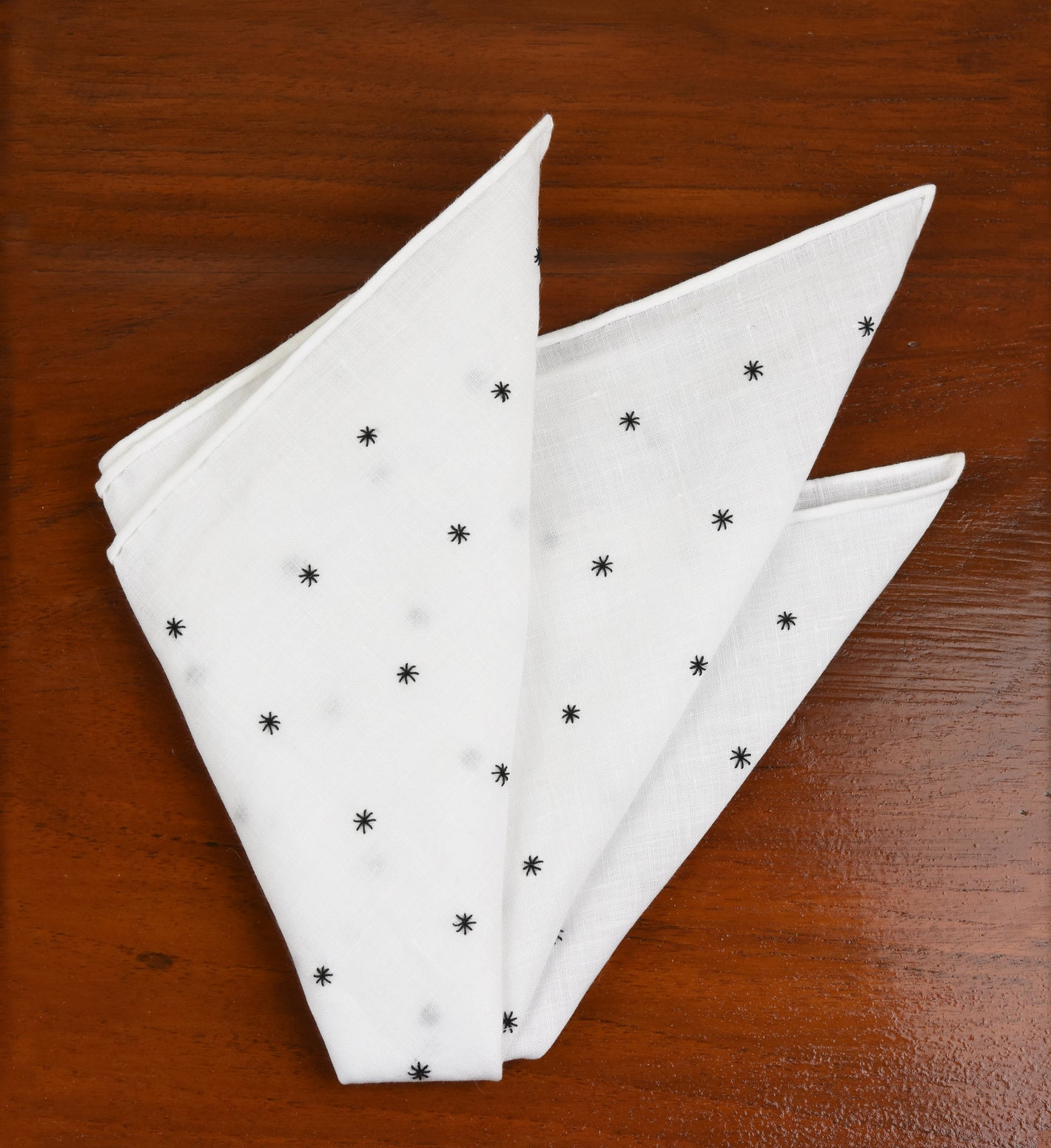 {[en]:Belgian White Linen With Black Embroidered Stars Pocket Square