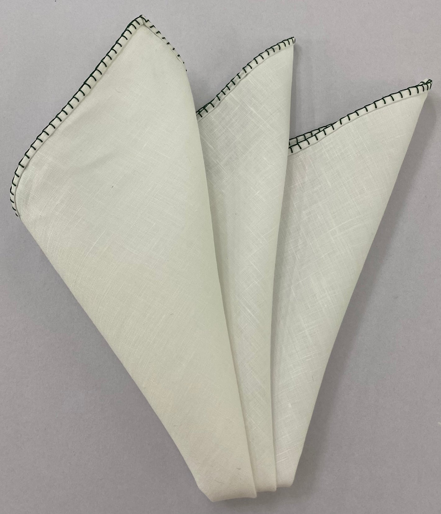 Belgian White Linen Pocket Squares with Forest Green Hand Sewn Decorative Flat Edges #22