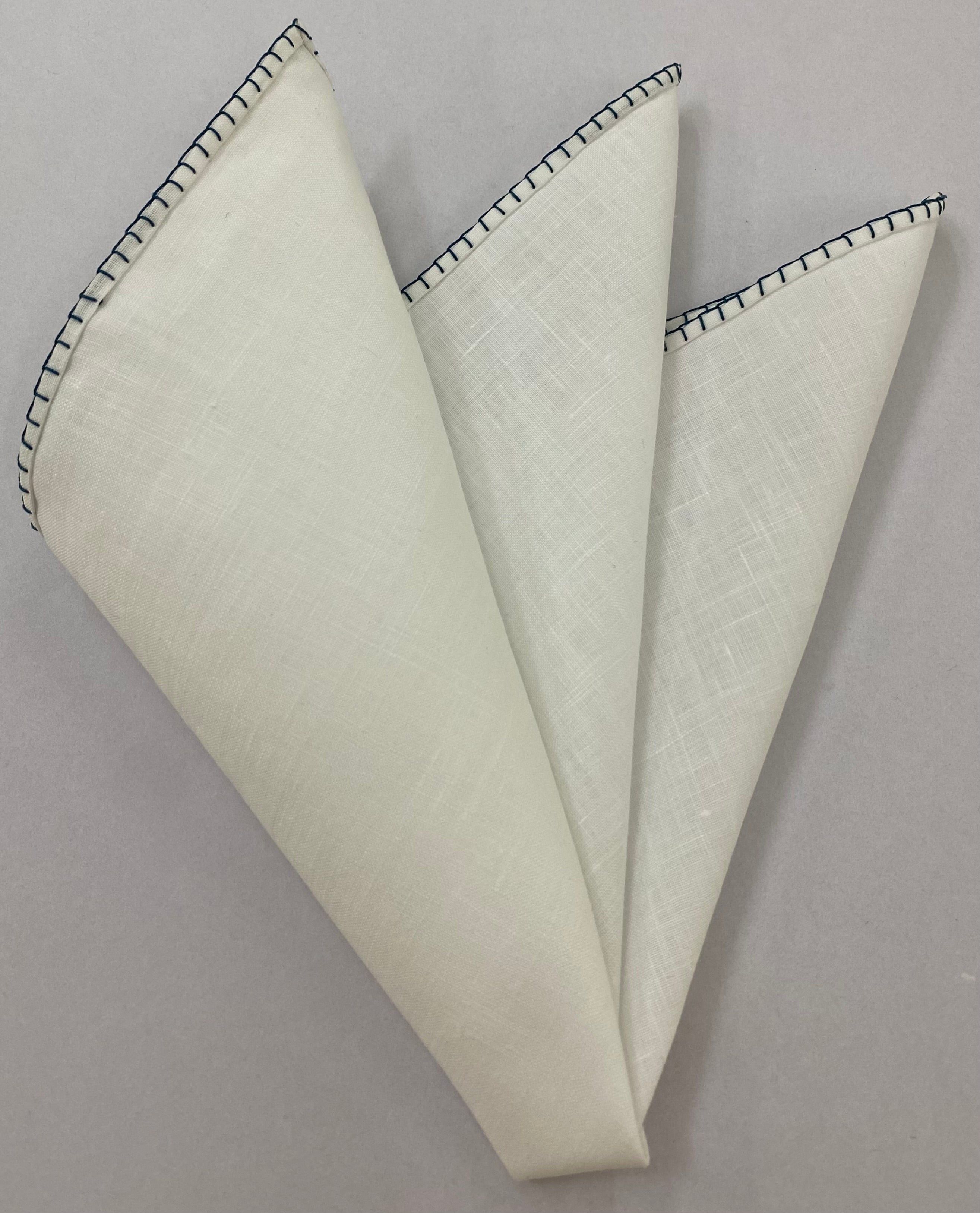 Belgian White Linen Pocket Squares with Dark Turquoise Hand Sewn Decorative Flat Edges 24
