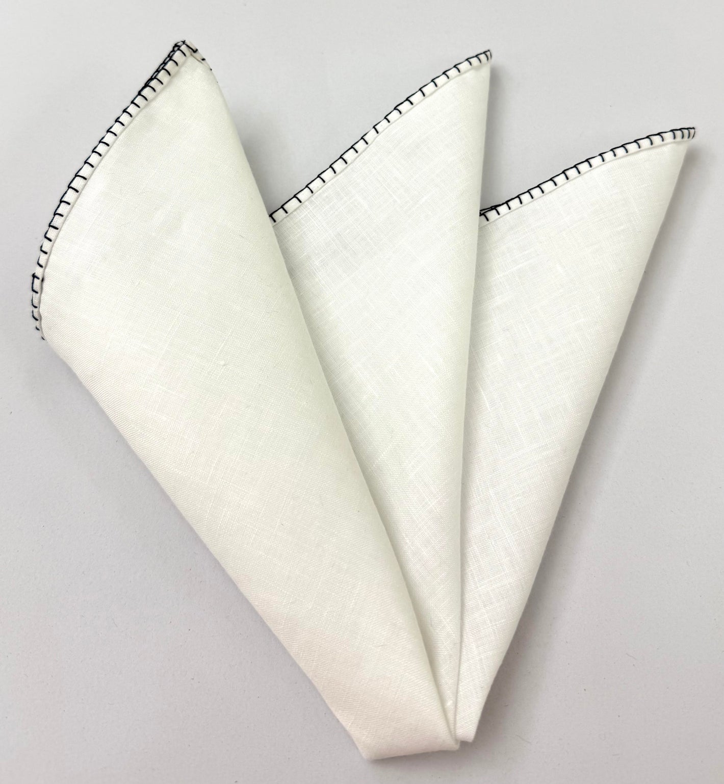 Belgian White Linen Pocket Squares with Dark Navy Blue Hand Sewn Decorative Flat Edges LLSP-6