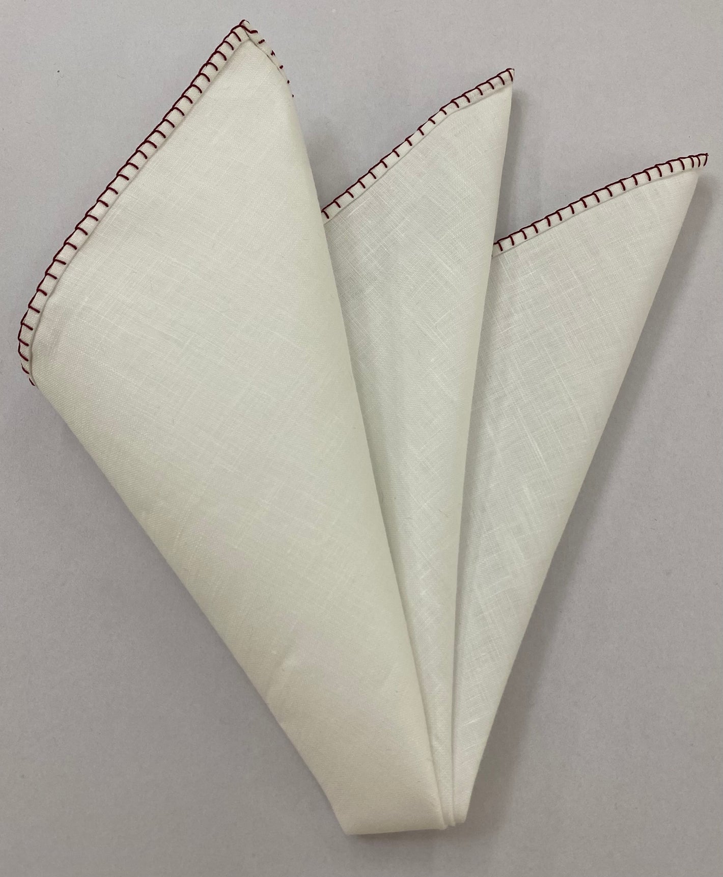 Belgian White Linen Pocket Squares with Dark Red Hand Sewn Decorative Flat Edges 9