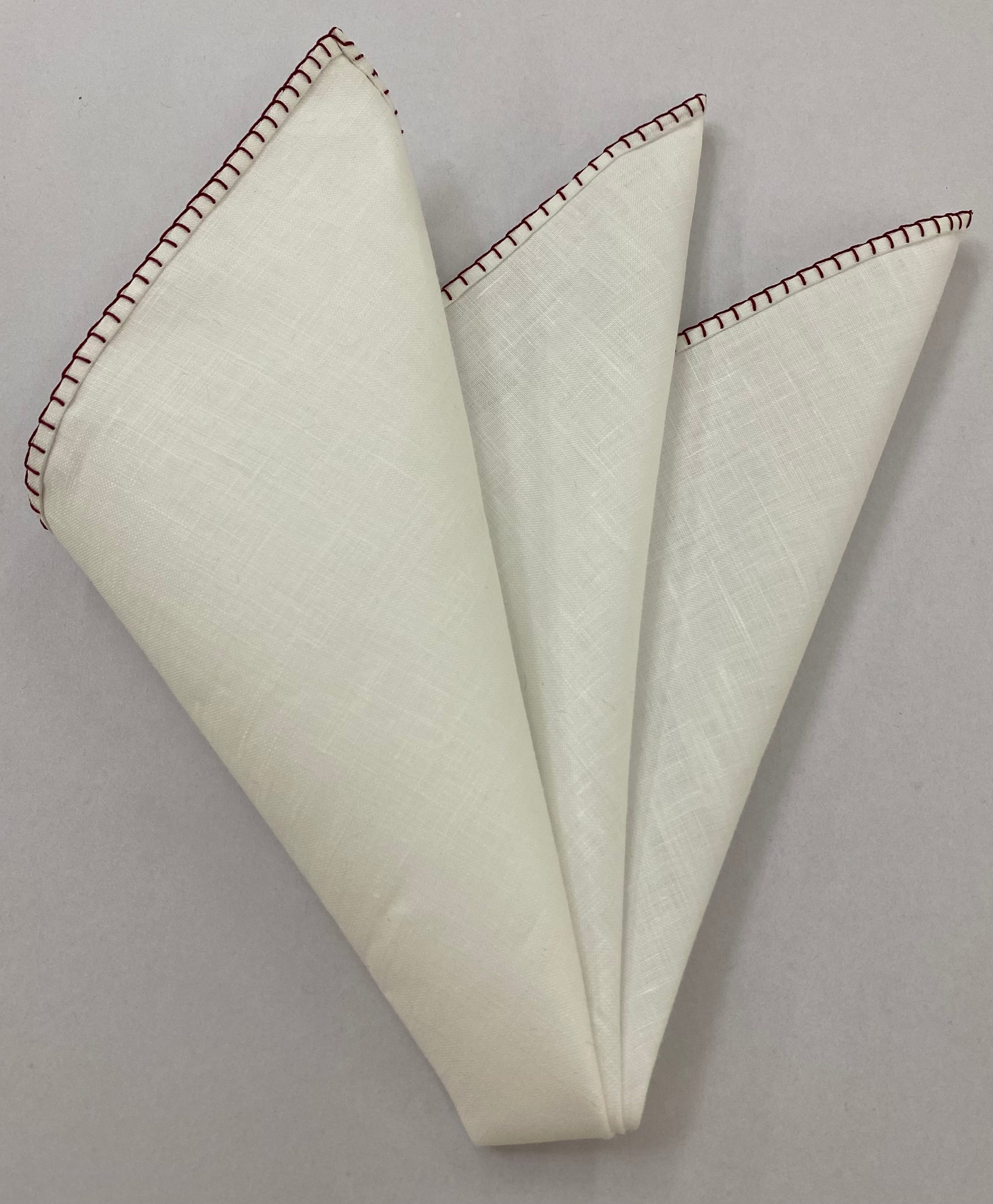 Belgian White Linen Pocket Squares with Dark Red Hand Sewn Decorative Flat Edges 9