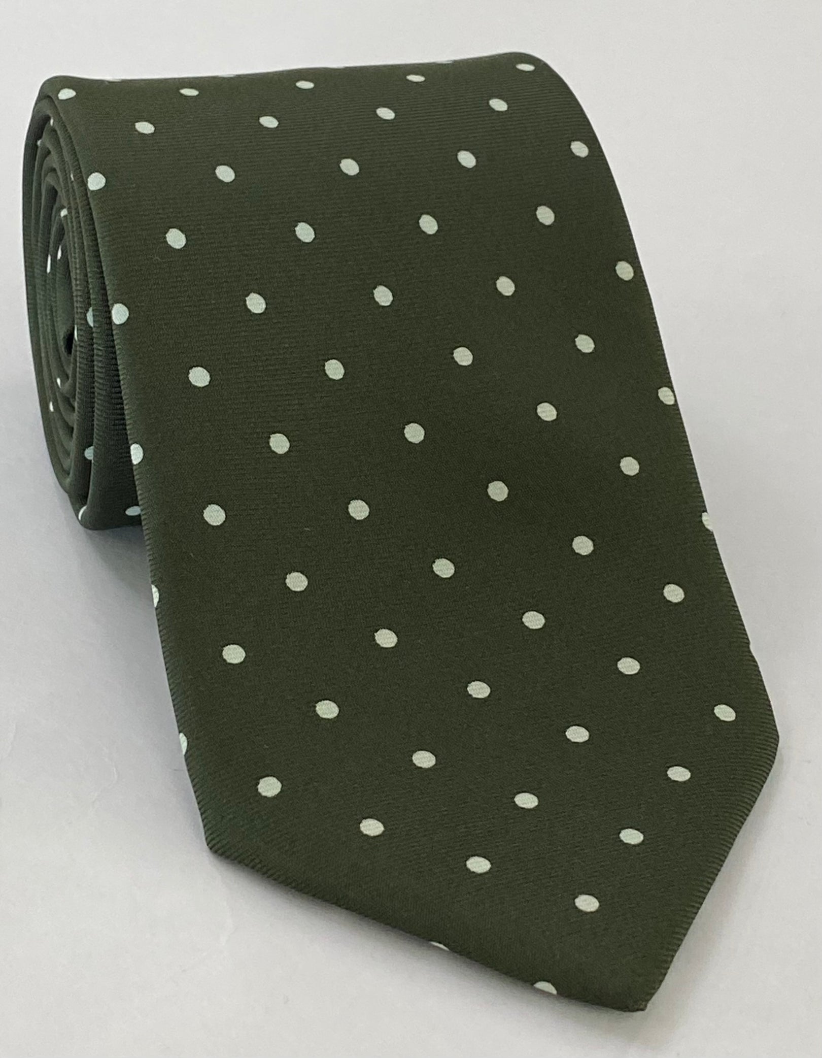 White On Dark Olive Green Printed Dot Silk Tie MCDT-1
