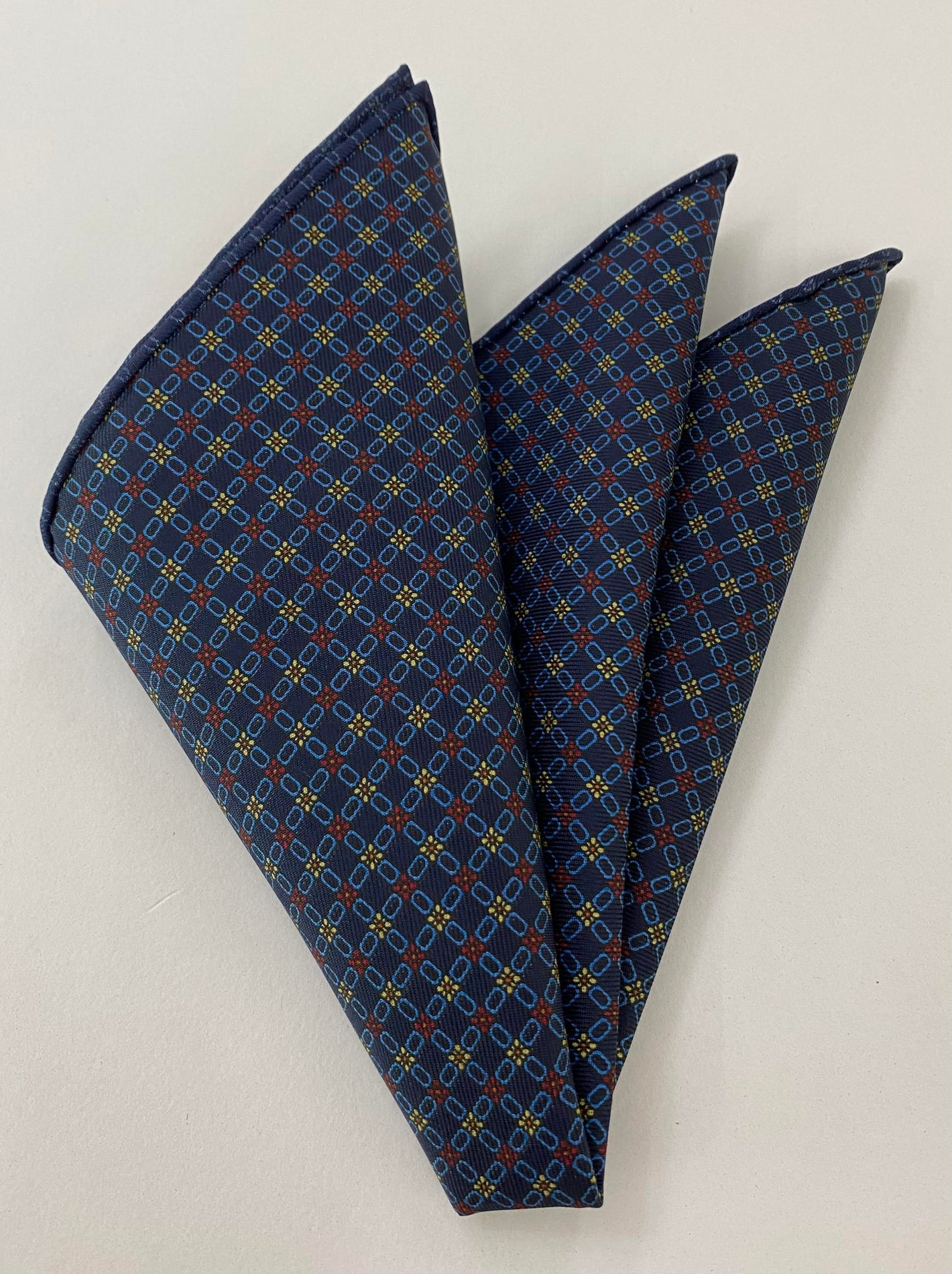 Skye Blue, Red & Yellow on Midnight Blue Macclesfield (small)  Pocket Square MCP-10