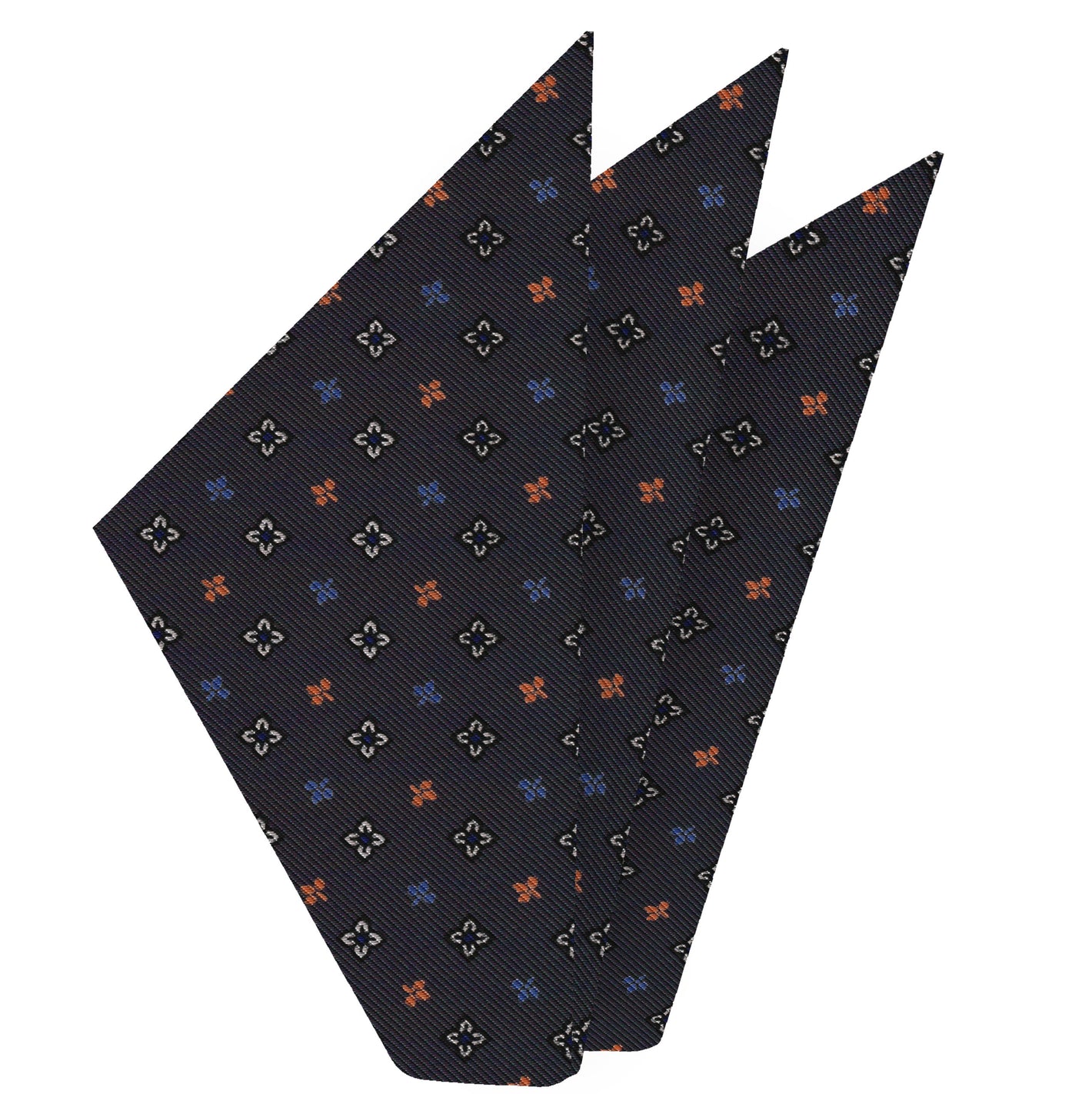 {[en]:White, Blue, Powder Blue & Orange on Medium Charcoal Gray Macclesfield Printed Silk Pocket Square