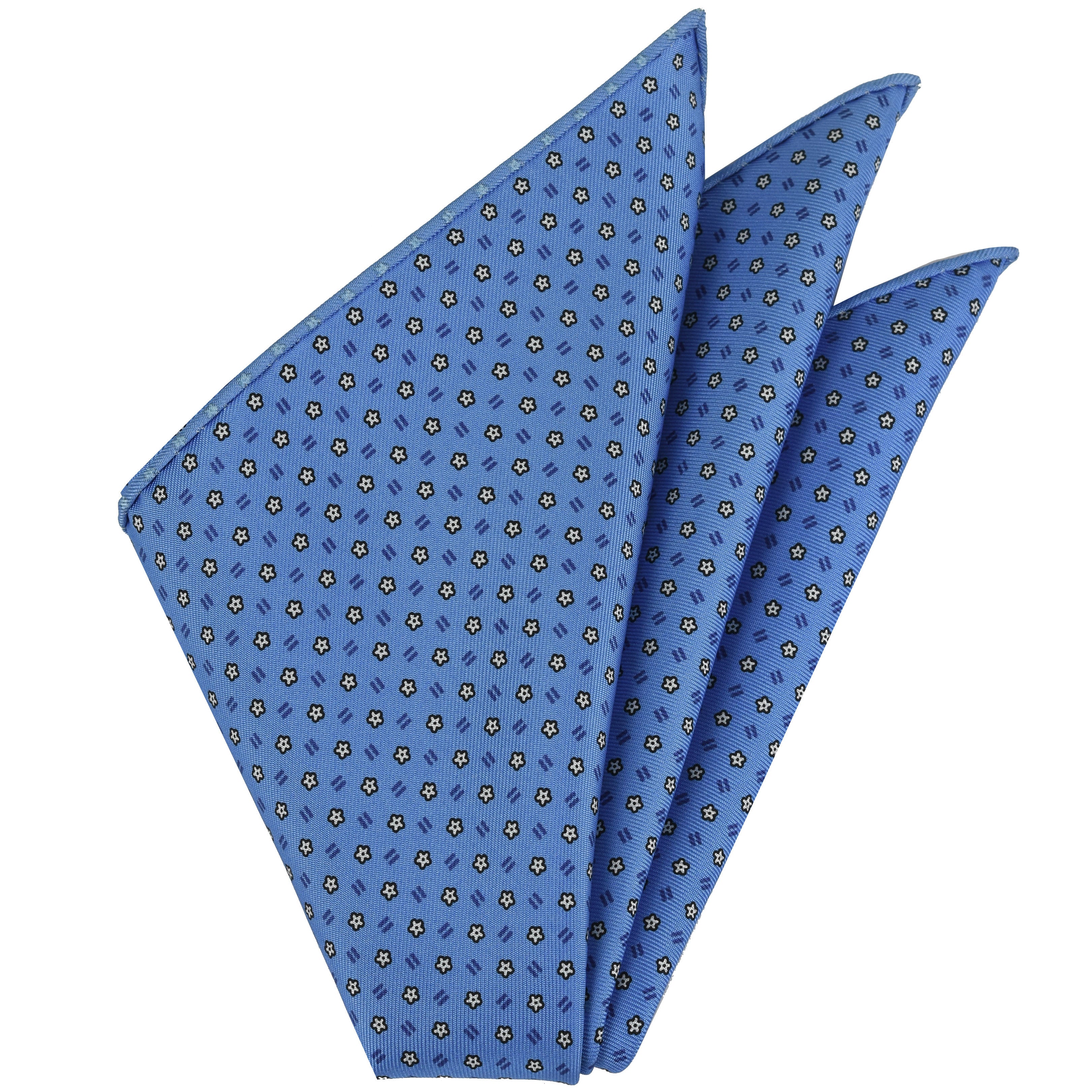 {[en]:White, Blue & Black on Powder Blue Macclesfield Printed Silk Pocket Square