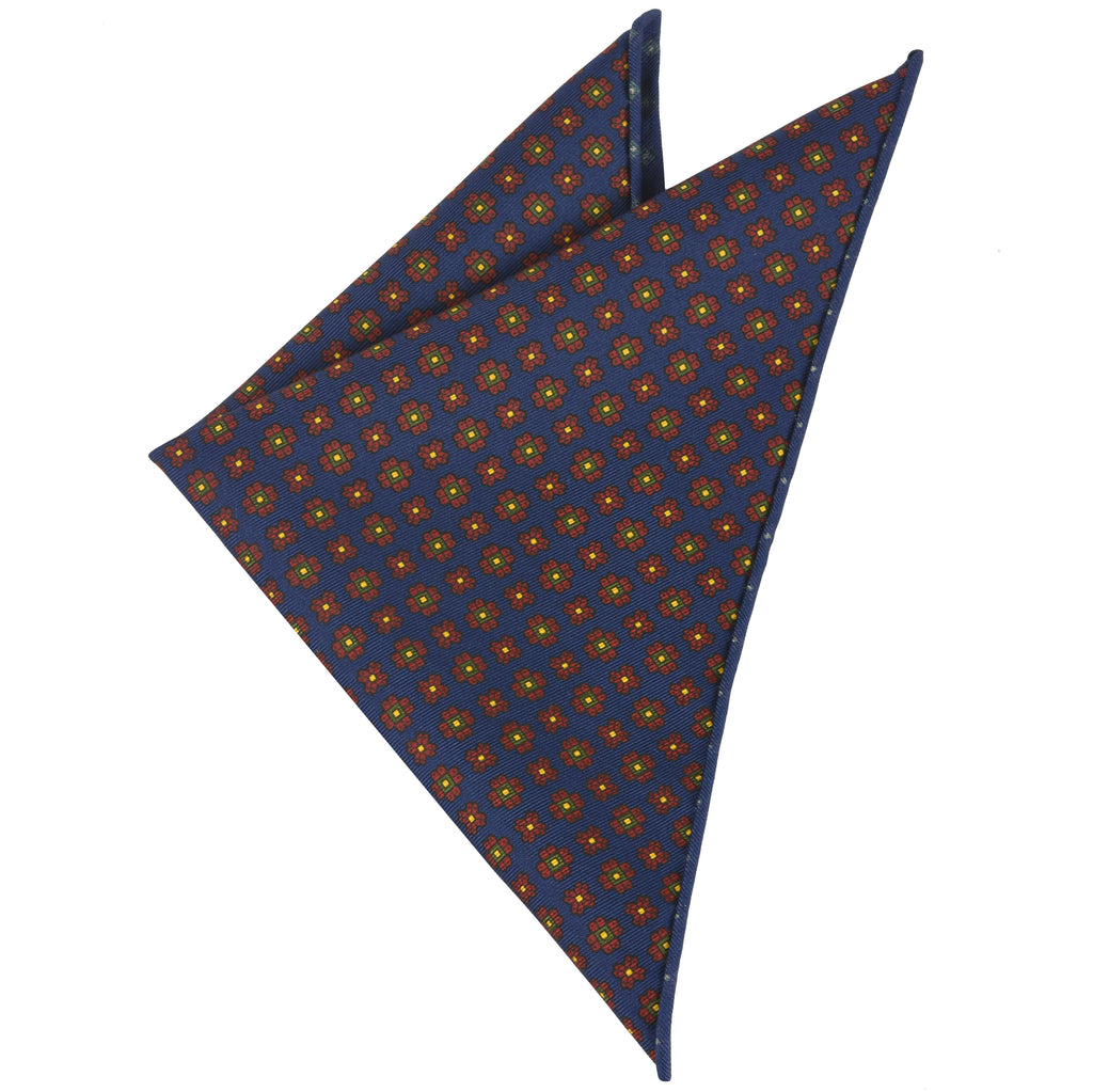{[en]:Dark Red, Green, Black & Dark Gold Macclesfield Print Pattern Silk Pocket Square