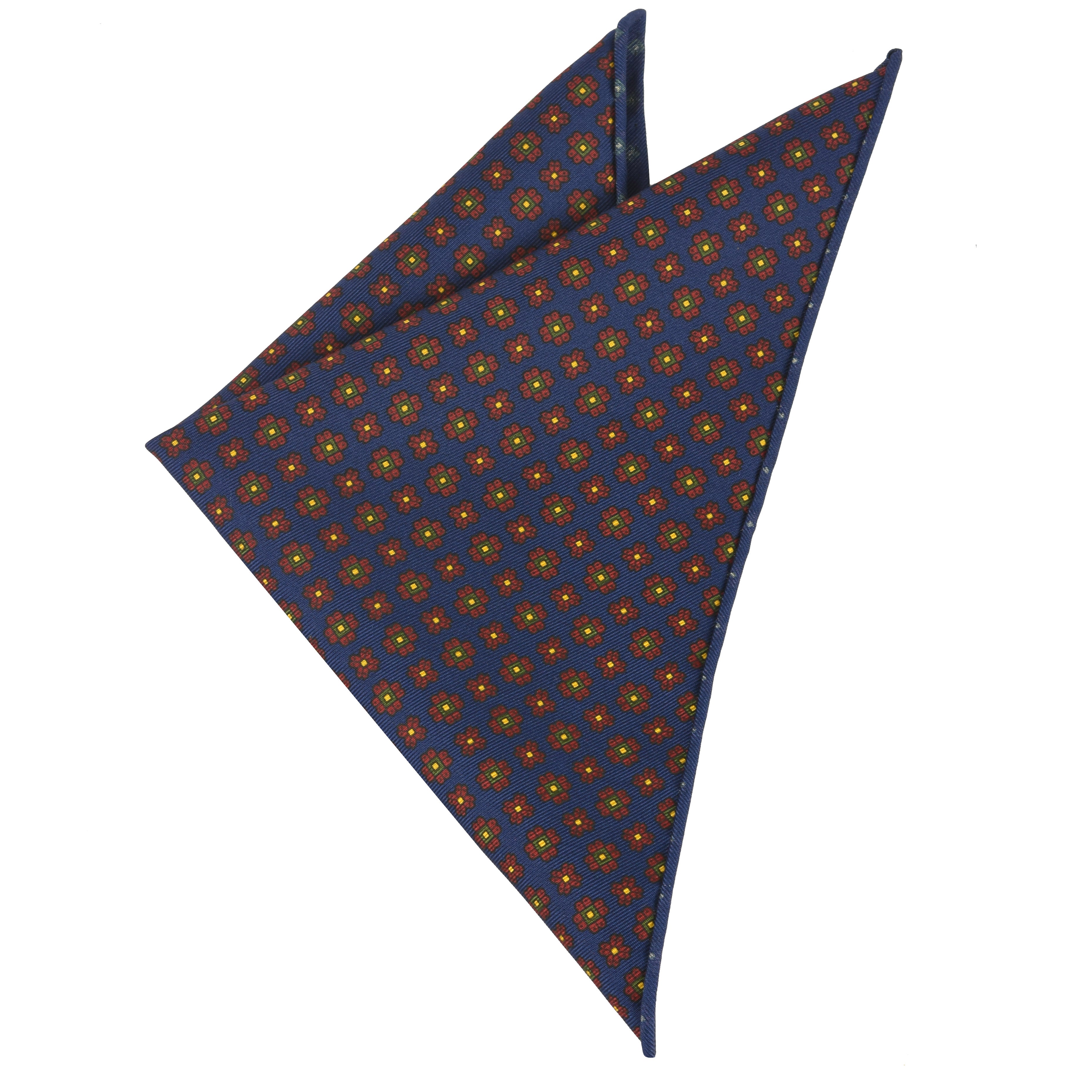 {[en]:Dark Red, Green, Black & Dark Gold Macclesfield Print Pattern Silk Pocket Square