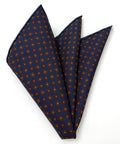 Dark Red, Green, Black & Dark Gold on Navy Blue Macclesfield (small) Print Pattern Silk Pocket Square MCP-15