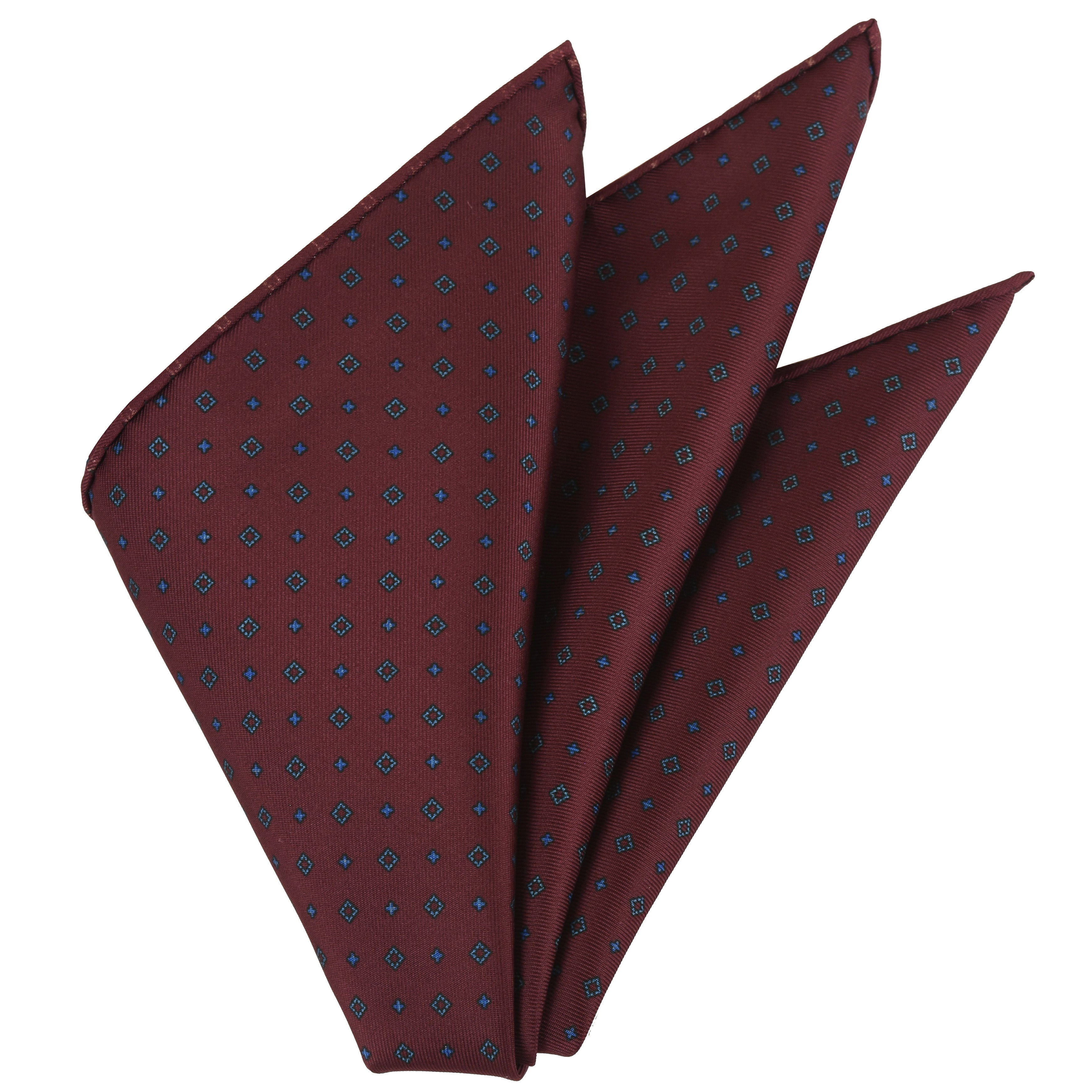 {[en]:Blue & Sky Blue on Dark Red Macclesfield Printed Silk Pocket Square