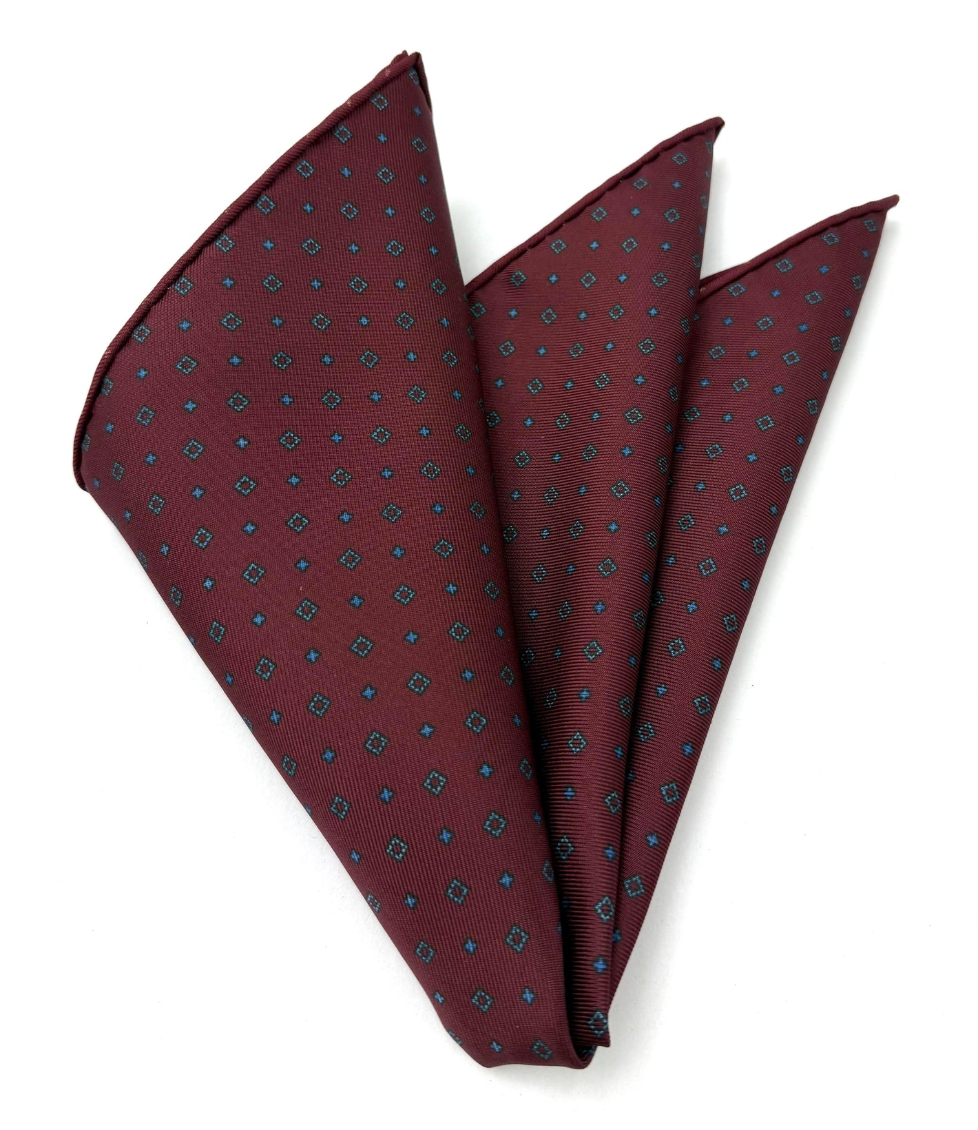 Blue & Sky Blue on Dark Red Macclesfield Printed Silk Pocket Square #MCP-153