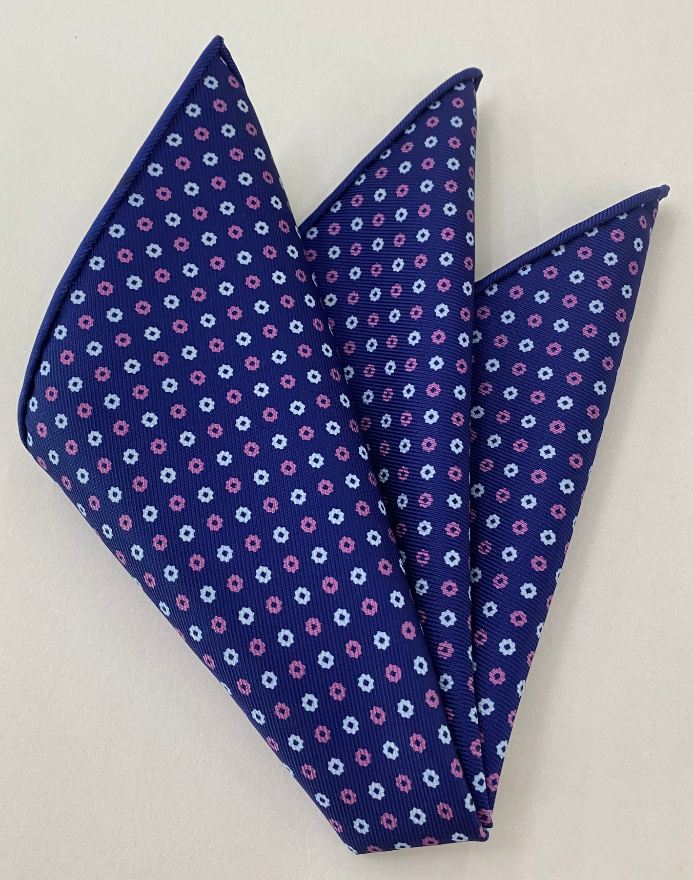 White & Pink on Navy Blue Macclesfield Printed Silk Pocket Square #MCP-155
