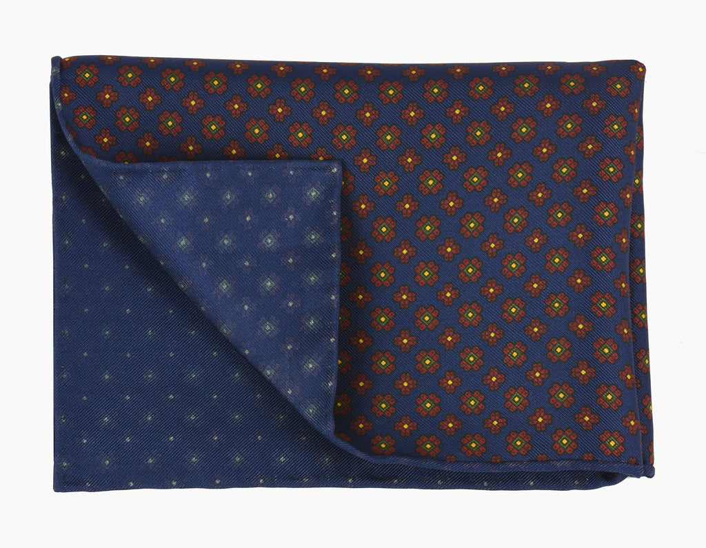 {[en]:Dark Red, Green, Black & Dark Gold Macclesfield Print Pattern Silk Pocket Square