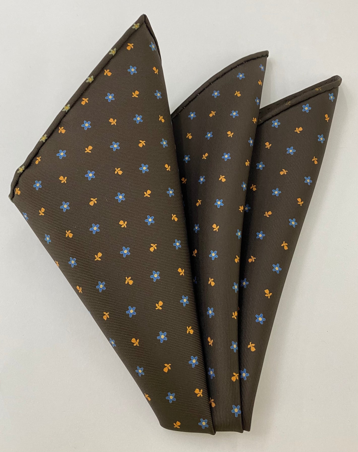 Sky Blue & Light Orange on Bitter Chocolate Macclesfield Print Silk Pocket Square #MCP-197