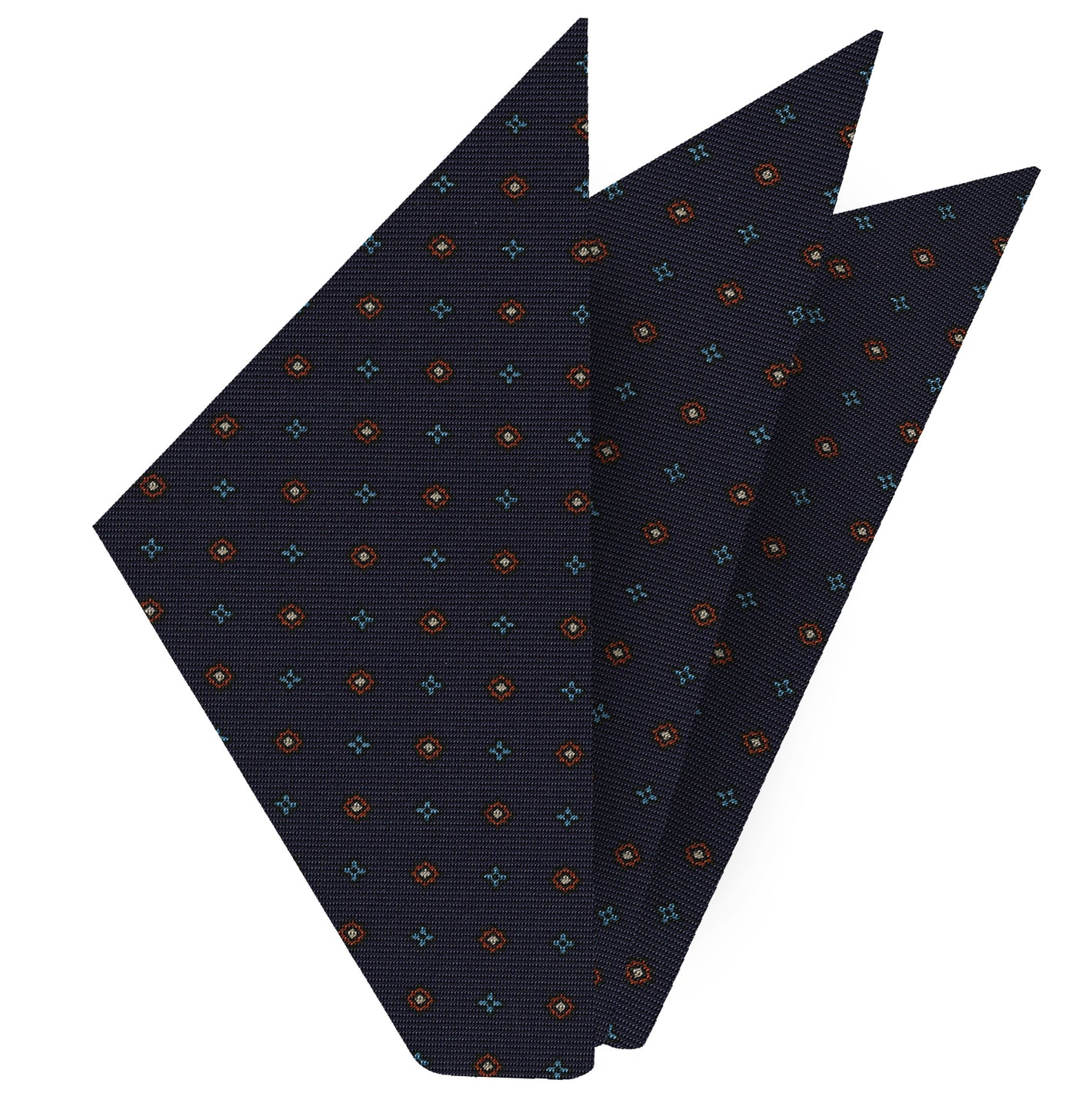 {[en]:Sky Blue, Burnt Orange & Off-White on Dark Navy Blue Macclesfield Print Silk Pocket Square