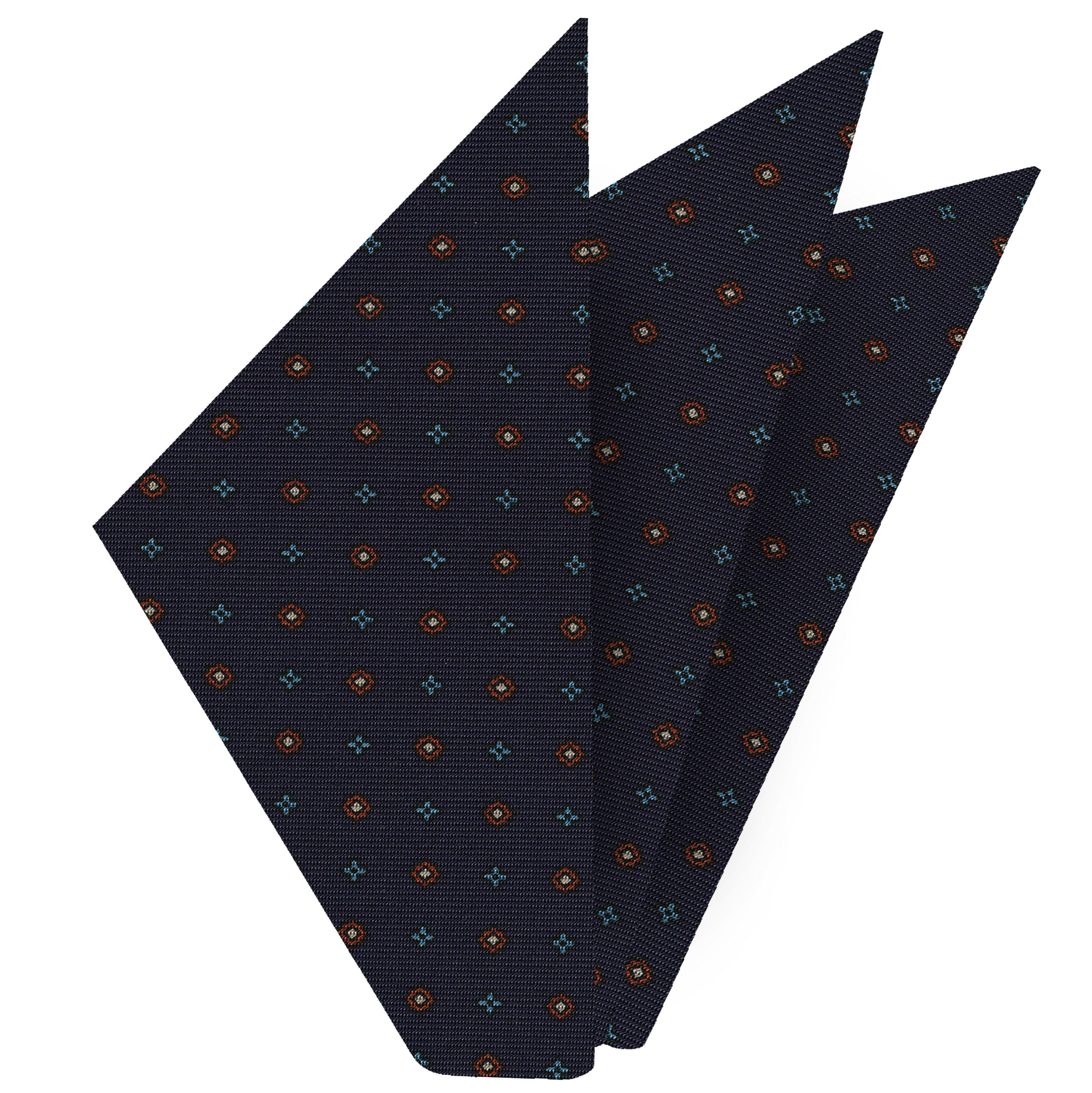 {[en]:Sky Blue, Burnt Orange & Off-White on Dark Navy Blue Macclesfield Print Silk Pocket Square