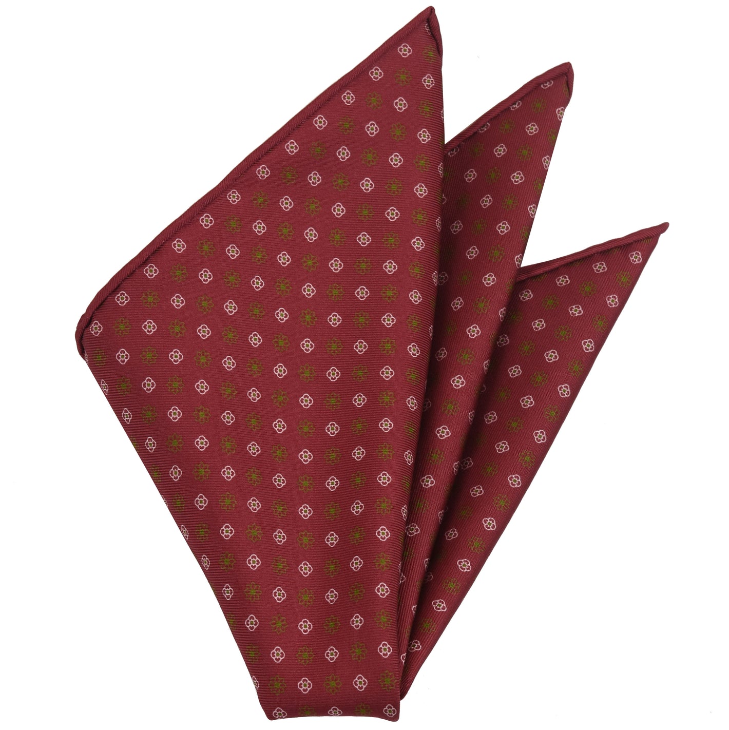 {[en]:White & Dark Gold on Red Macclesfield Print Silk Pocket Square
