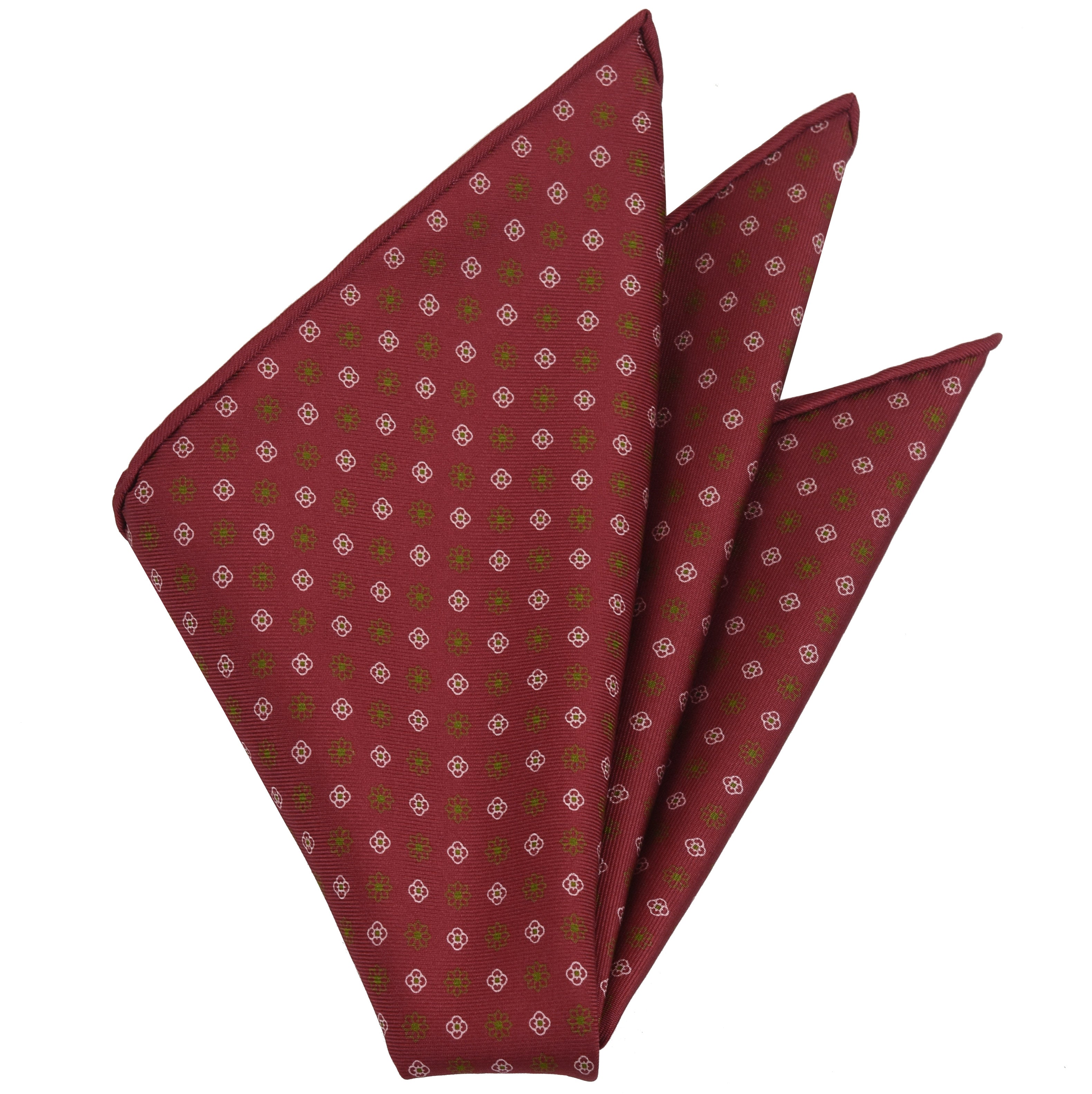 {[en]:White & Dark Gold on Red Macclesfield Print Silk Pocket Square