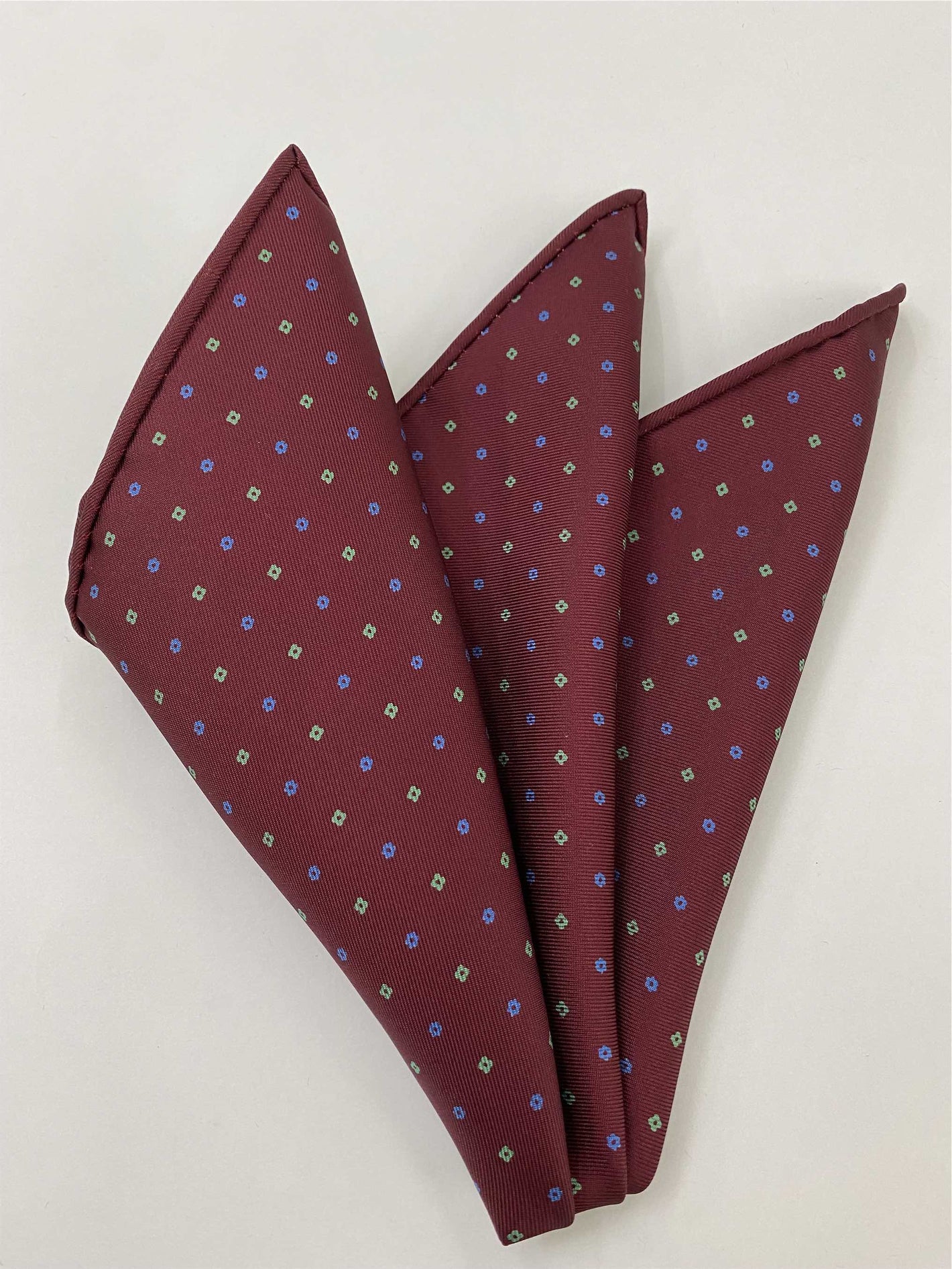 Sky Blue & Light Green on Burgundy Macclesfield Print Silk Pocket Square MCP-205