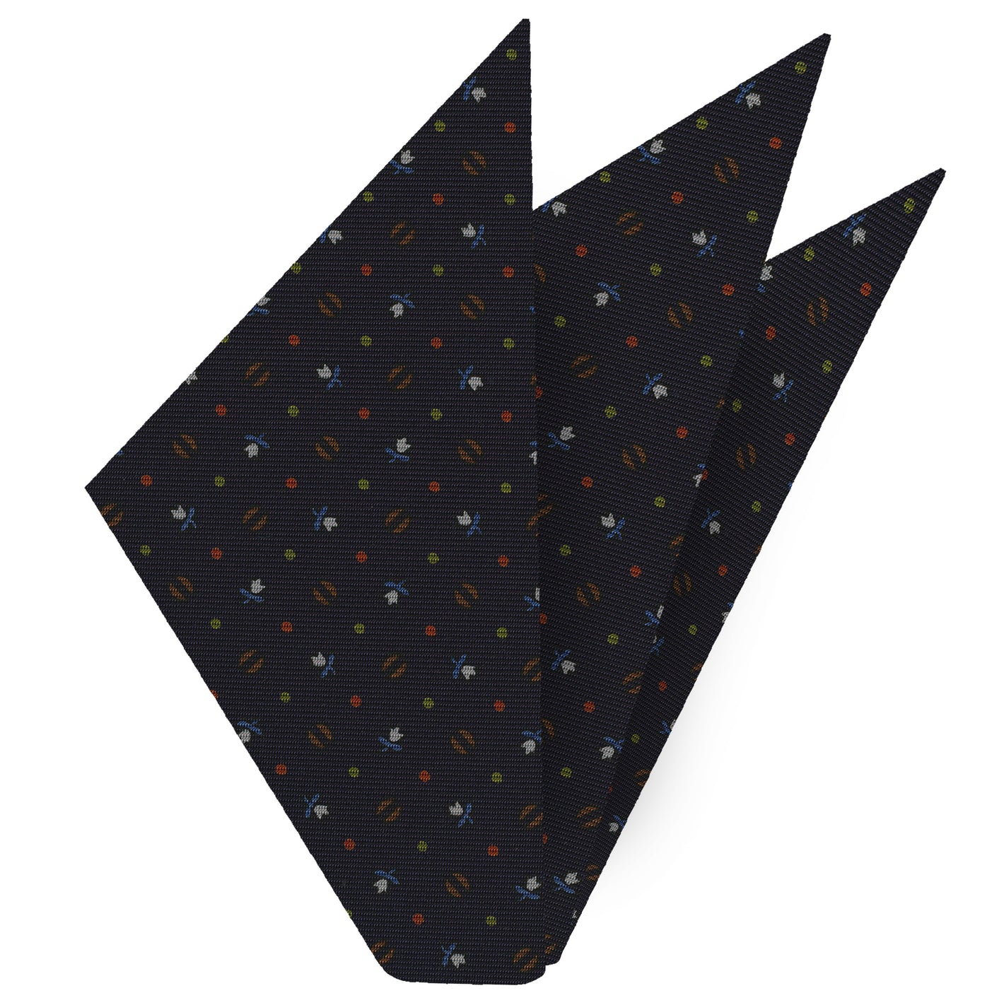 {[en]:Sky Blue, Chocolate, Burnt Orange, Lime Green & Whit on Midnight Blue Macclesfield Print Silk Pocket Square