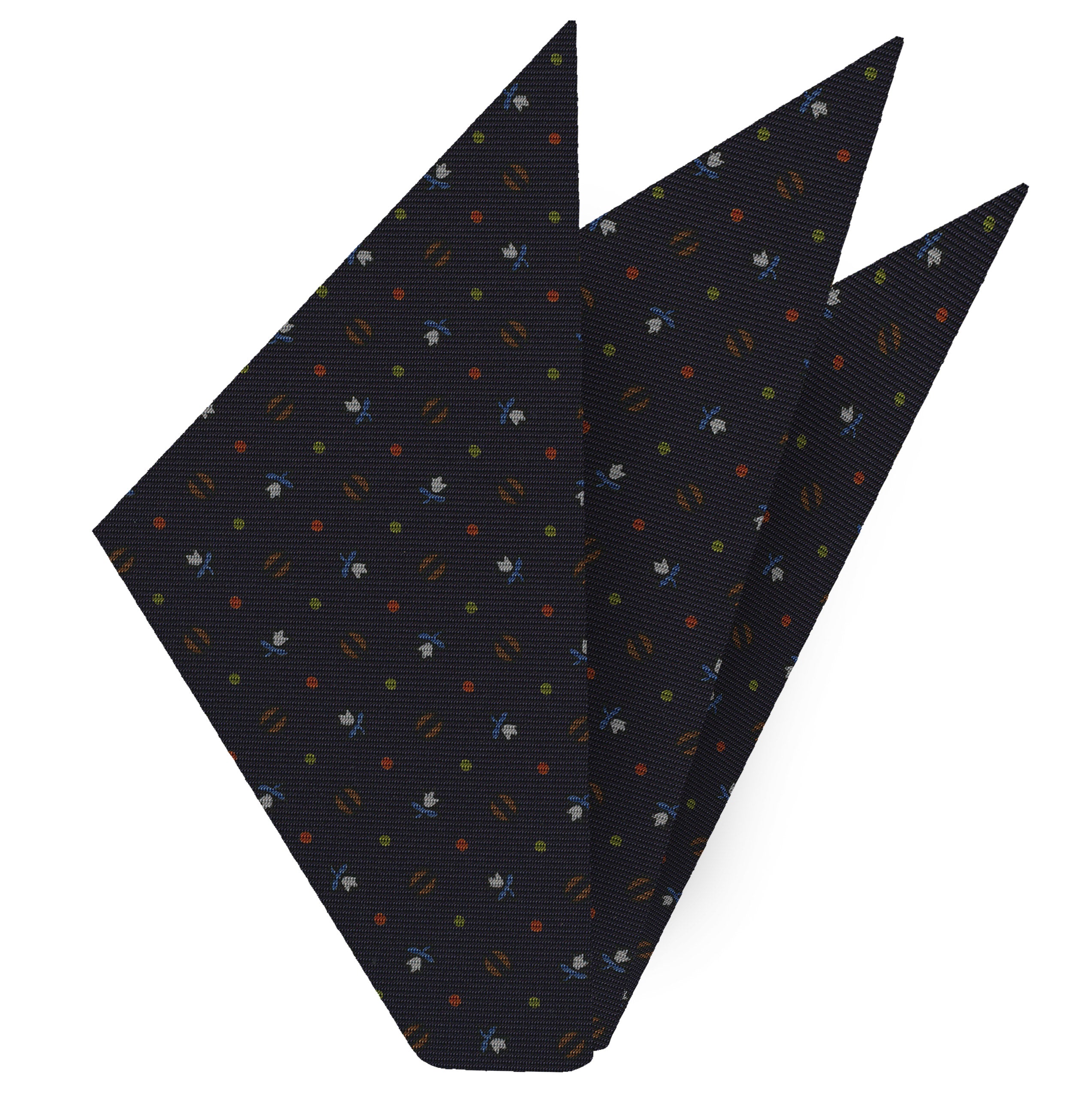 {[en]:Sky Blue, Chocolate, Burnt Orange, Lime Green & Whit on Midnight Blue Macclesfield Print Silk Pocket Square